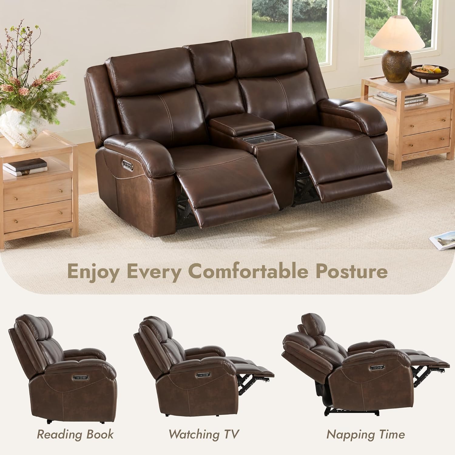 Watson & Whitely Power Reclining Sofa and Loveseat Sets, Genuine Leather Sofa Recliner Couch Set with Power Headrest, Storage Console, USB Ports, Cup Holders, Living Room Furniture Set, Dark Brown