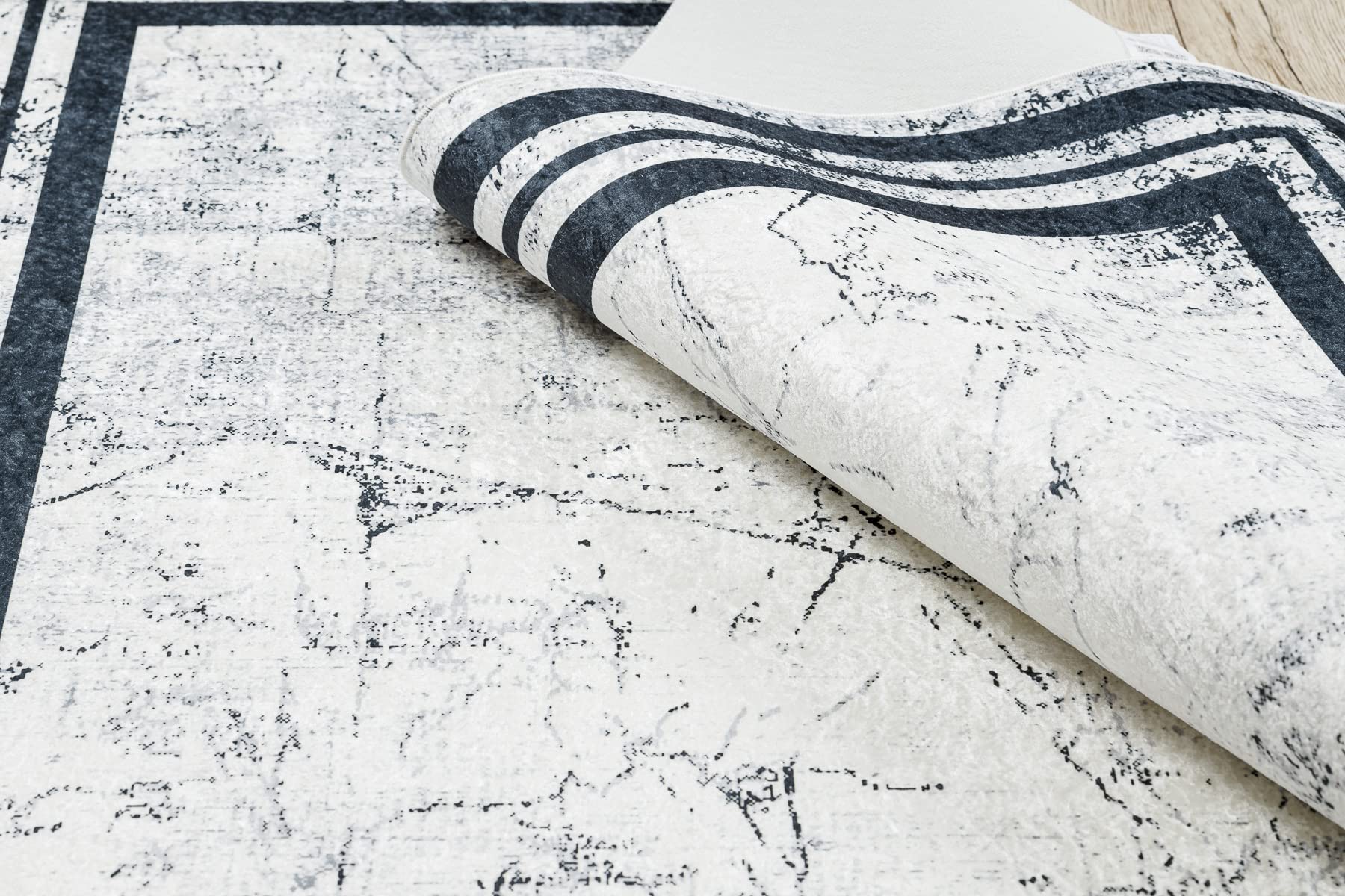 rugsx Tapis Moderne Lavable Andre pour la Chambre des Enfants, Le Salon, l'entrée, Moquette Lavable en Machine, Cadre, Marbre, antidérapant - Noir/Blanc 160x220 cm