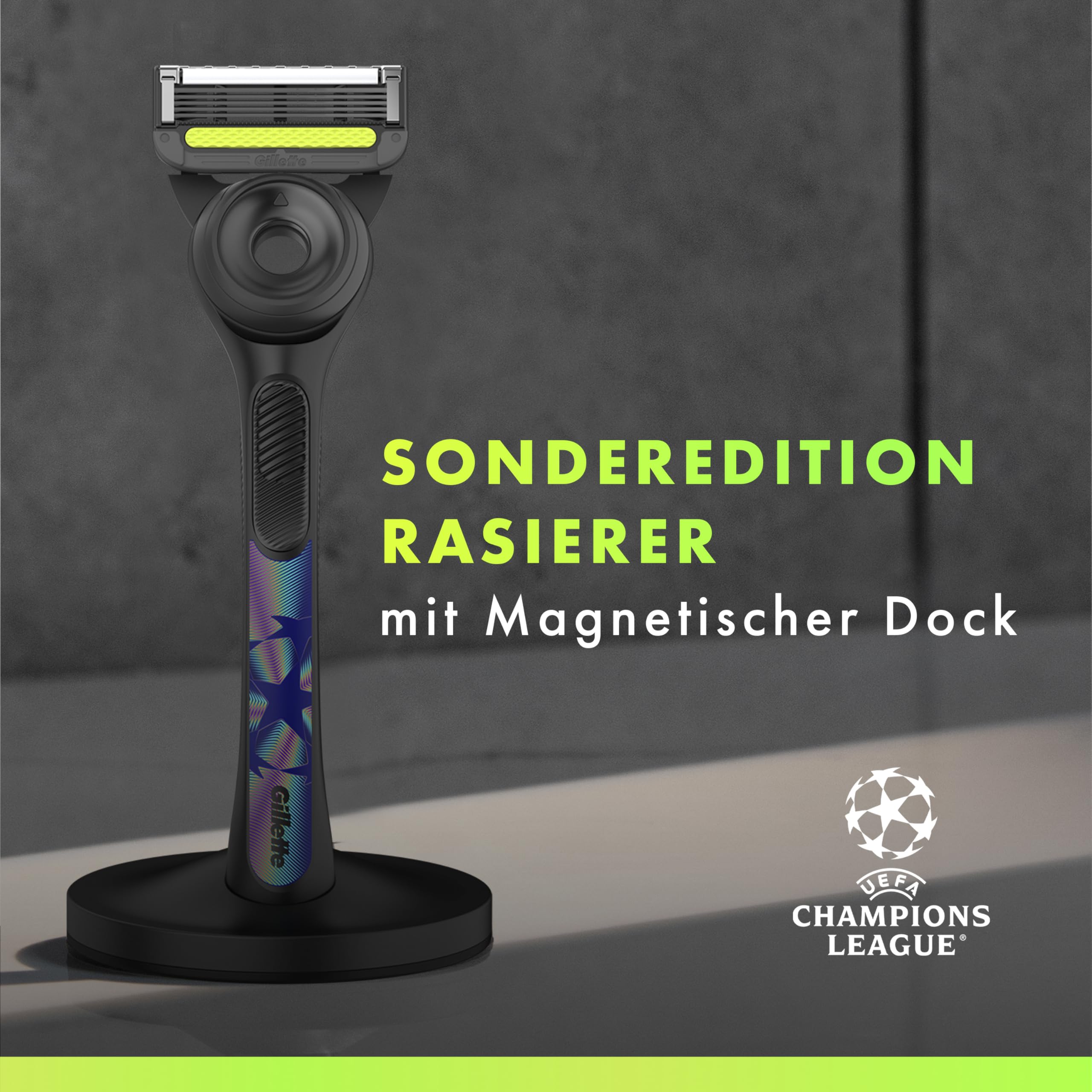 GilletteLabs Rasierer Herren mit Reinigungselement, UEFA Champions League Special Edition, Nassrasierer — Inkl. 1 Handstück, 8 Ersatzklinge mit Magnetischem Dock — Edelstahl, Schwarz