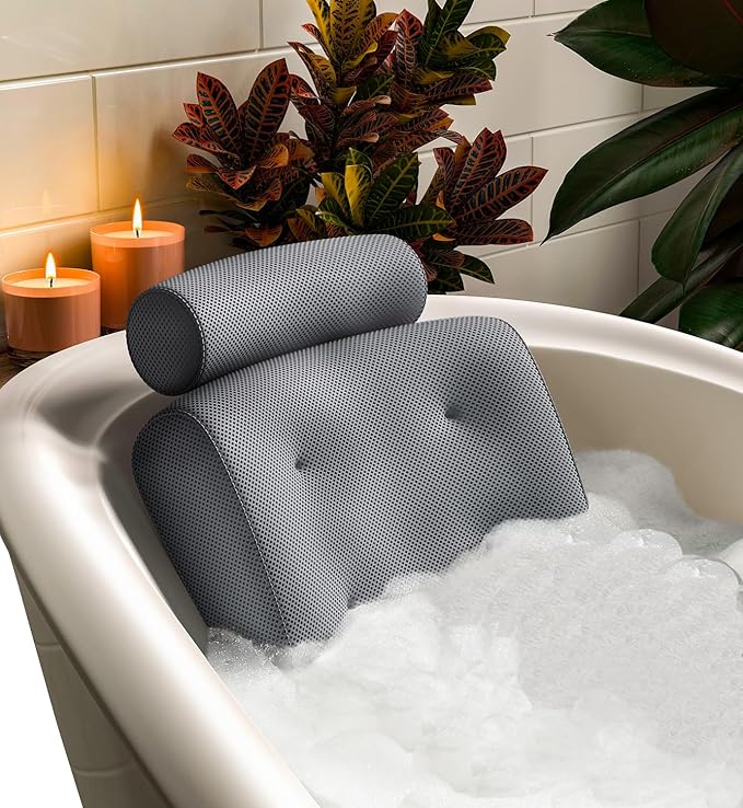 Everlasting Comfort Luxury Bath Pillow for Tub – Head & Neck Support, Non-Slip Suction Cups (Gray)