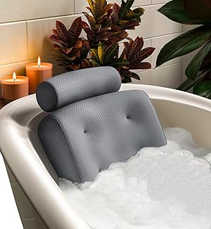Almohada de Bañera Lujo para Espalda y Cuello – Cojín de Baño con Ventosas, Secado Rápido, Malla Transpirable – Jacuzzi para Bañera, Almohada Piscina, Accesorios Bañera Gris