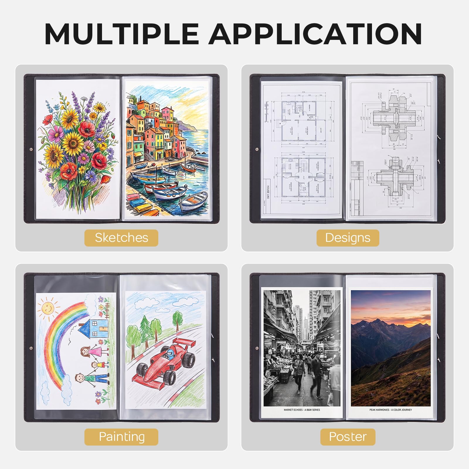 Carpeta de portafolio de arte grande de Nicpro de 45,7 x 61 cm, 30 bolsillos, 60 páginas, carpeta de portafolio para artistas con fundas de plástico transparente, negro