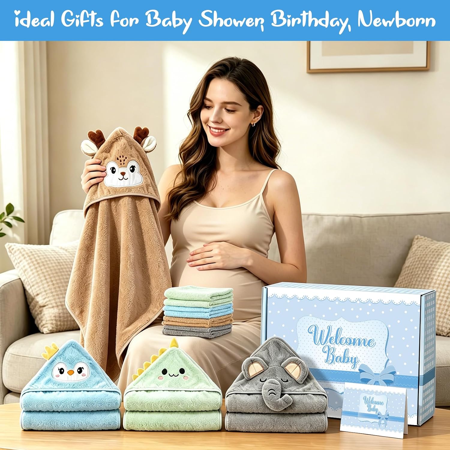 18 PCS Baby Bath Towels Set for Infants Toddlers,4 PCS Toddlers Hooded Baby Towels & Bath Sponge,8 PCS Washcloths for Baby Shower, Boys Girls Soft Absorbent Baby Bath Towels for Newborn Gifts