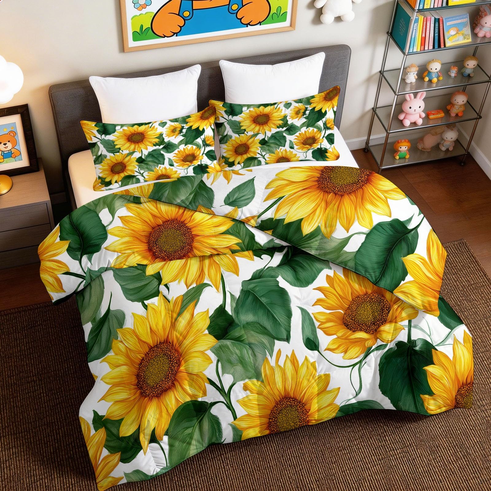 Générique Piumino morbido e caldo, bianco, 220 x 240 cm, botanico floreale girasole trapunte 4 stagioni, 2 persone, Edredon con 2 federe, reversibile, piumino senza federa
