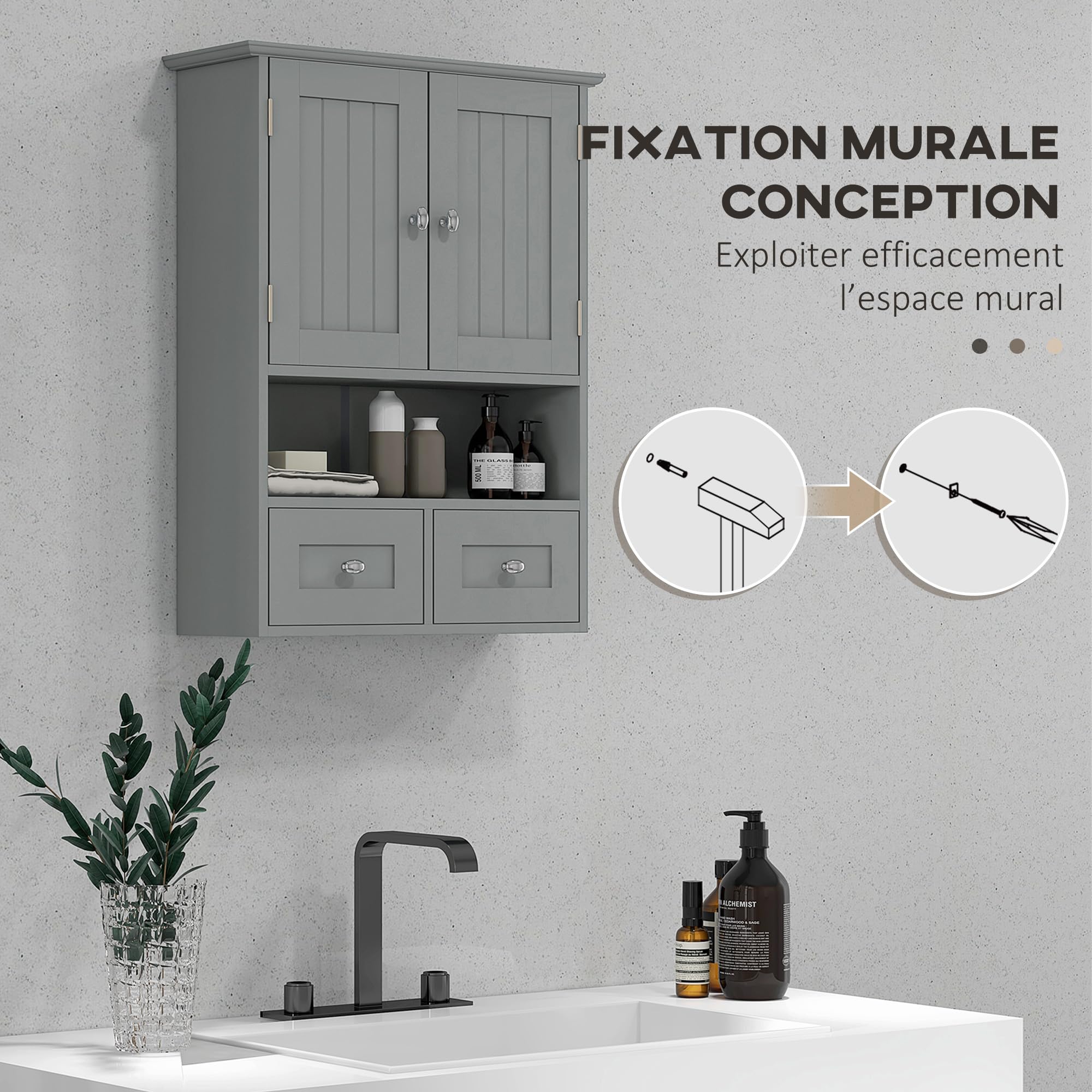kleankin Armoire Murale de Salle de Bain, Armoire de Toilette, avec Portes Doubles, étagère Ouverte, 2 tiroirs pour Ranger, 50,8l x 17,8P x 66H cm, Gris