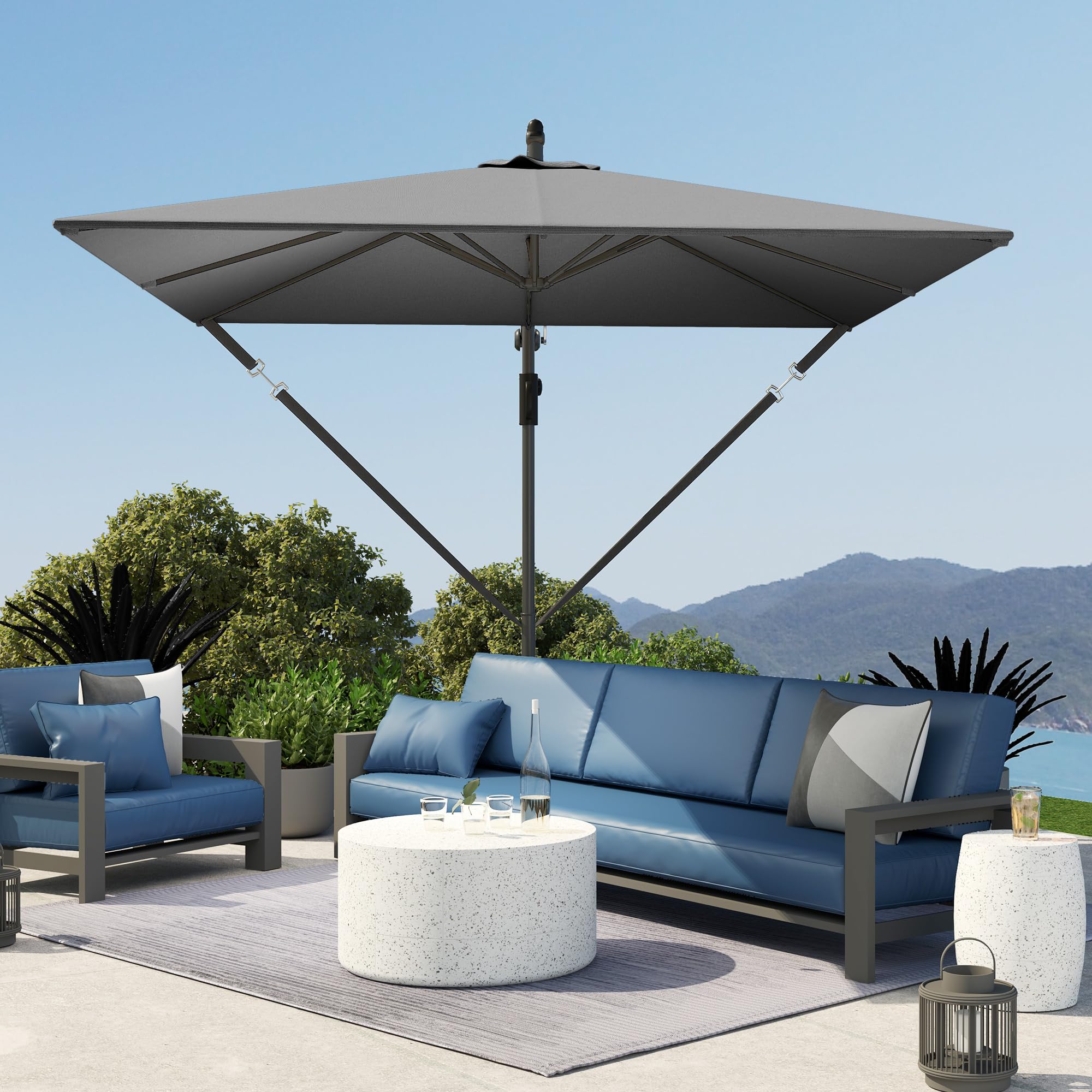 Outsunny Ombrellone Decentrato 2.5x2.5 m con Copertura, Corde Antivento, Base a Croce e Manovella, Ombrellone da Giardino Inclinabile e Girevole a 360° in Metallo e Poliestere 180 g/㎡, UV50+, Grigio