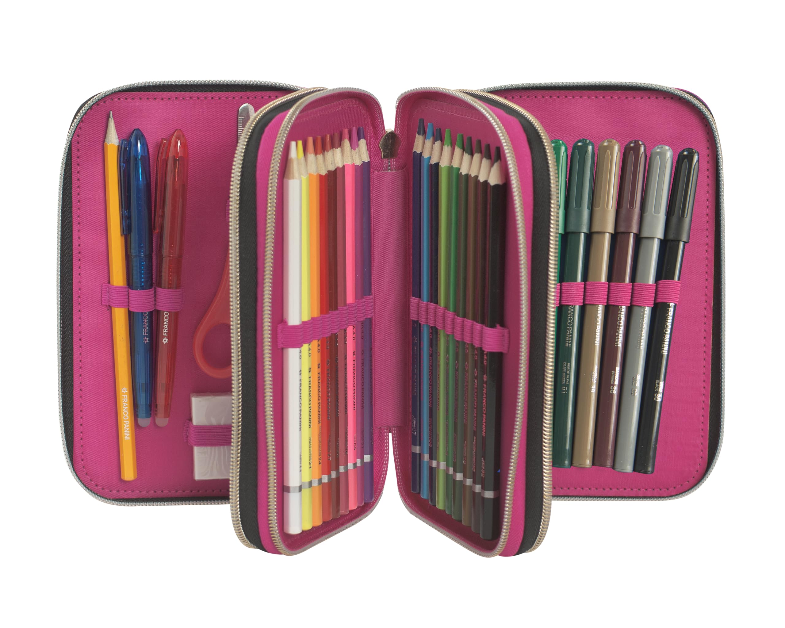 Franco Cosimo Panini Rainbow High - Estuche escolar oficial Rainbow High, estuche de 3 compartimentos para niña con juego de papelería, bolígrafo borrable azul Frixion y práctico cierre de cremallera,