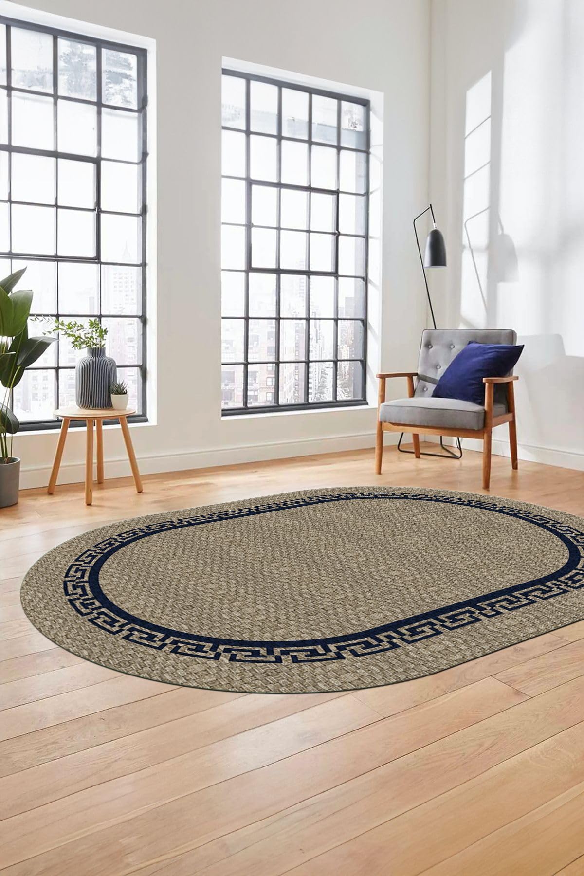 Evdeya Dijital Kaymaz Taban Yıkanabilir Jüt-Hasır Görünümlü Oval Mutfak Yolluk Salon Halısı O-JÜT-01, Mavi, 180 x 300