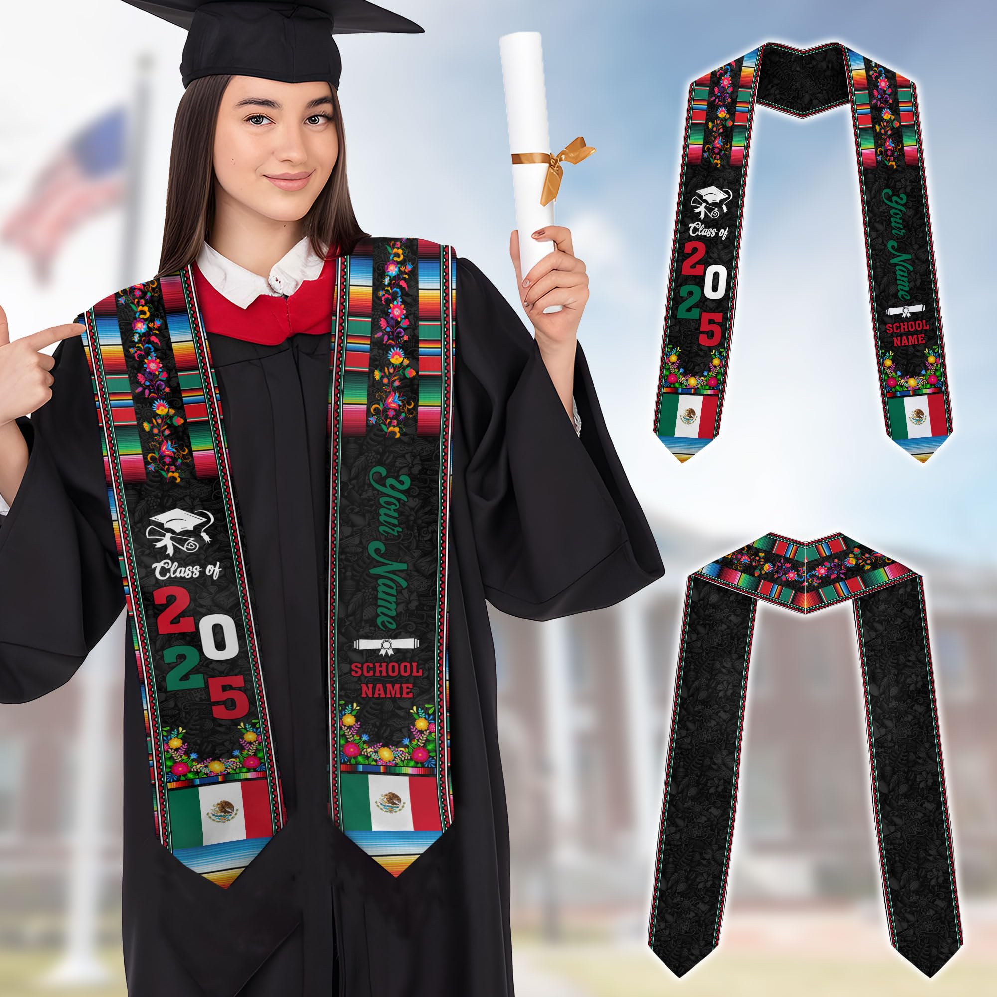 MonkeyVan Personalized Mexican Graduation Sash, Custom Class of 2025 Mexicana Stole, Mexican Flag Estola de Graduación Gift S83