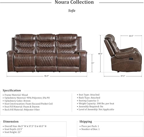 Miniatura 7 de Lexicon Noura - Juego de sofá reclinable eléctrico de 3 piezas color marrón