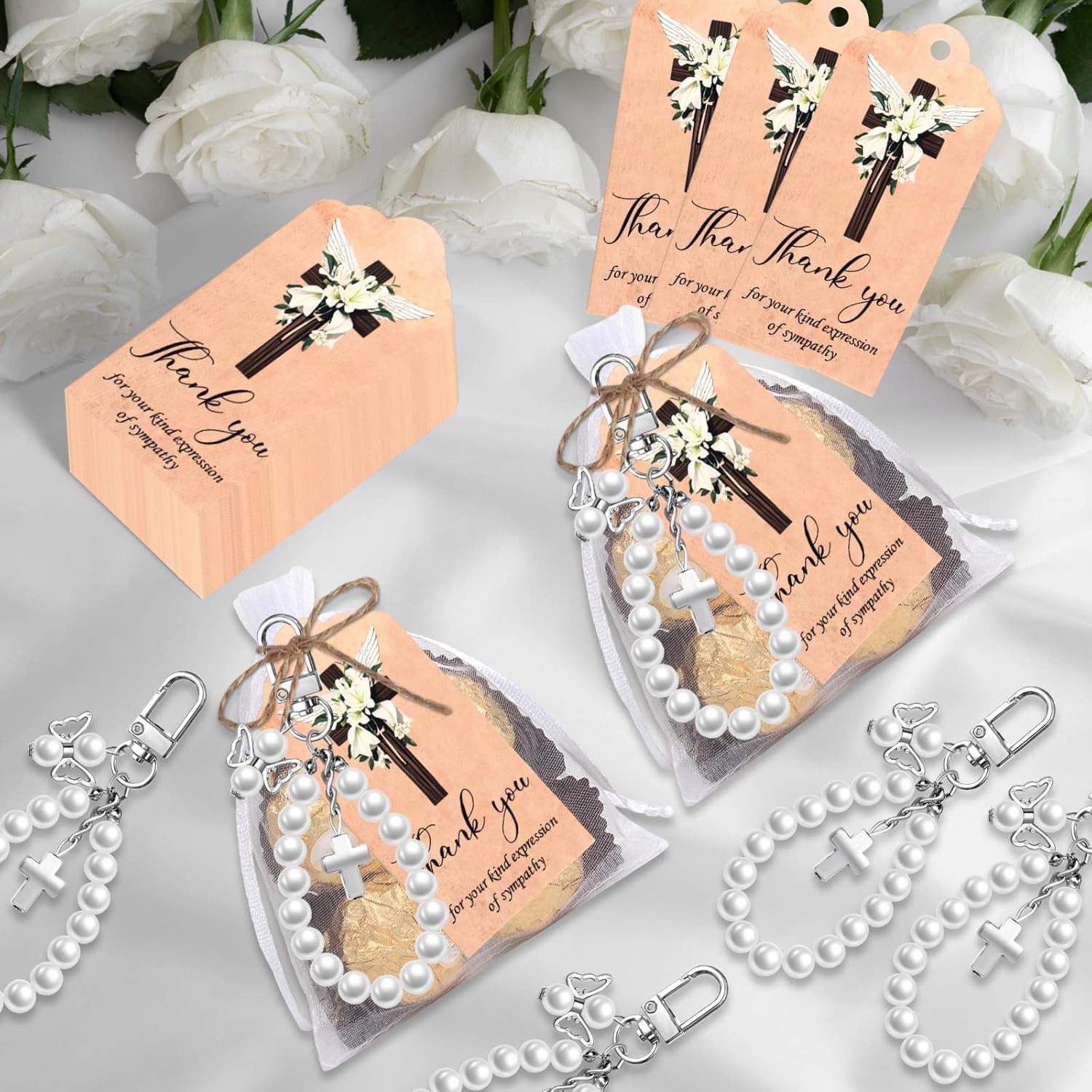 20 Sets Angel Wing Cross Keychains – Elegant Memorial Gifts for Funerals, Prayer Services, Condolence Favors with Organza Bags (Silver Tone)