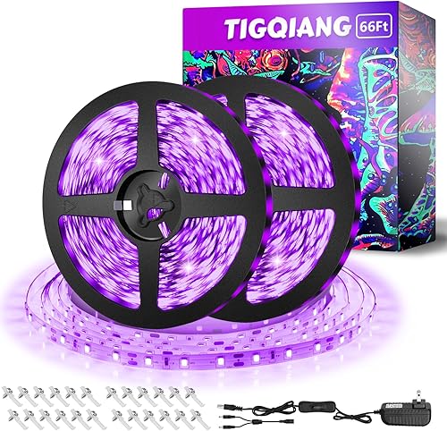 Tira de luz negra, kit de tira de luz LED negra flexible de 66 pies, 1200 cuentas de lámpara, luz negra de 12 V, no impermeable para fiestas de