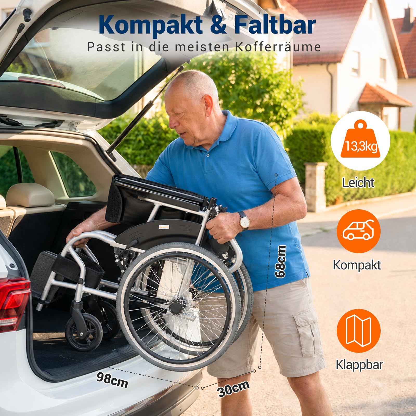 Care-parents Sedia a rotelle pieghevole leggera, 13,3 kg, in alluminio, larghezza della seduta 43 cm, doppio freno, sedia a rotelle pieghevole con autopropulsione, braccioli fissi e poggiapiedi, per
