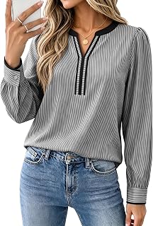 Funlingo Womens Long Sleeve Tops Casual V Neck Color Block Striped Blouses | Striped Shirt Women, Floral Printed, Dressy Casual Blouses, Business Casual Outfits, Office Clothes, 2026 Fall Trendy Fashion