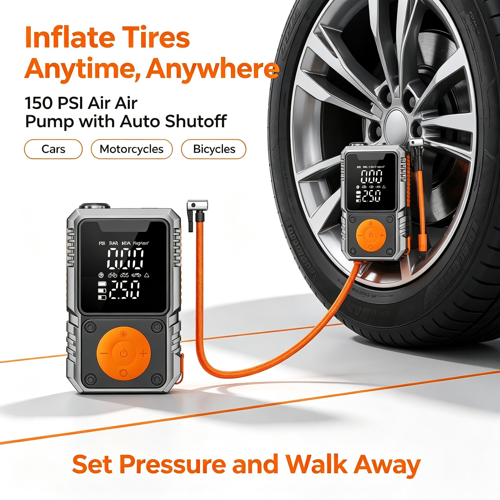 Arrancador de Coche portátil y compresor de Aire con Banco de energía de 7200 mAh, inflador de neumáticos de 150 PSI, Amplificador de batería de vehículo de 12 V, luz LED, Carcasa ABS