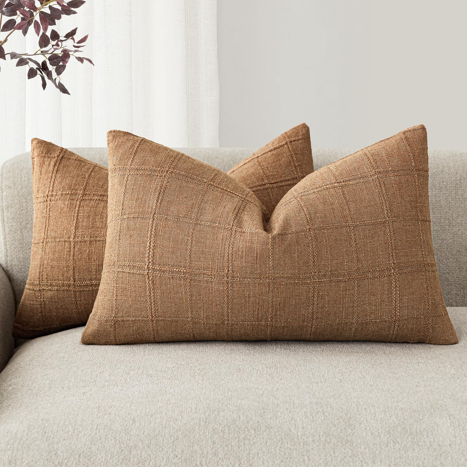 Foindtower Textured Linen Check Lumbar Throw Pillow Covers 12×24 Inch,Brick