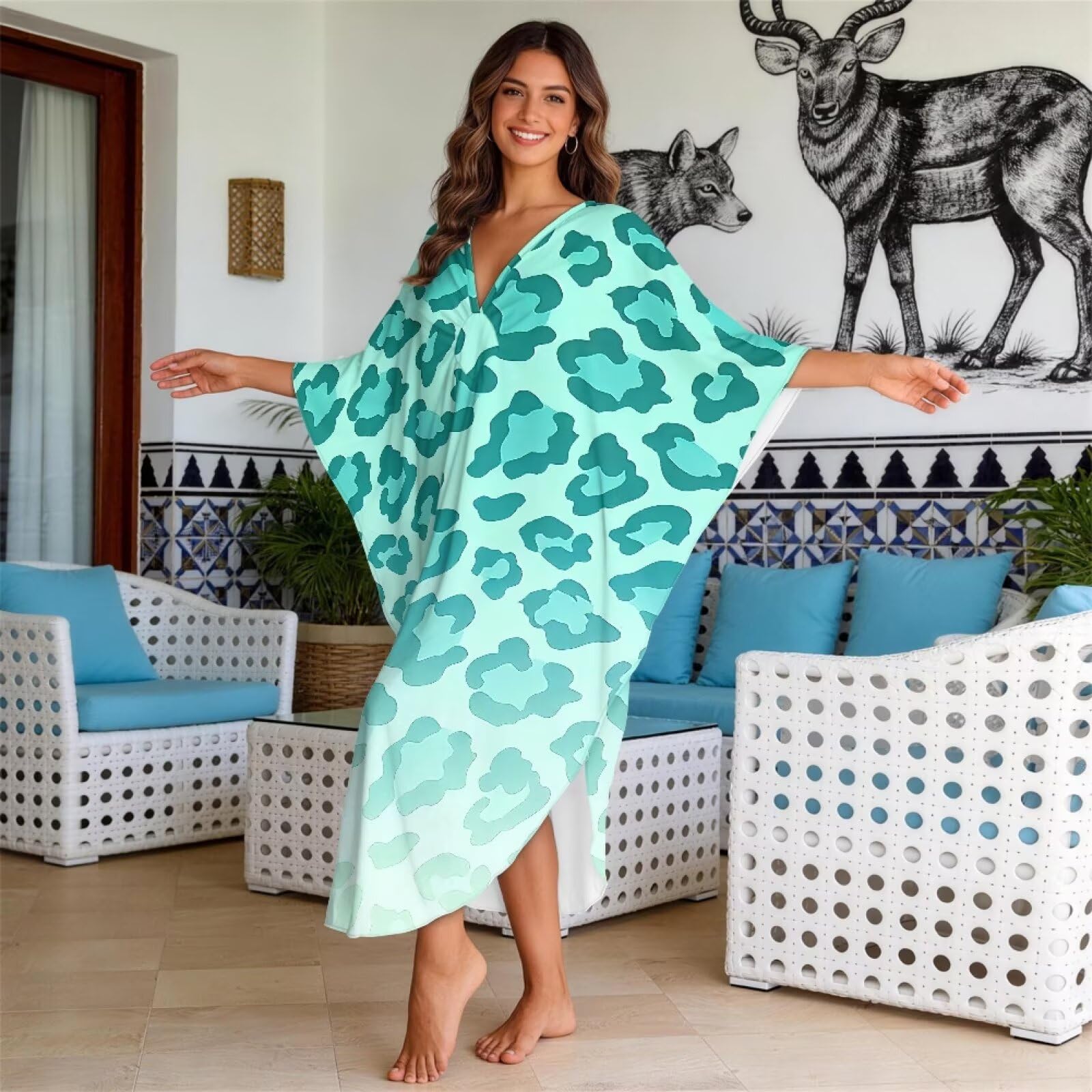 Xoenoiee Abito caftano da donna, taglie forti, hawaiano, maniche a pipistrello, copricostume da bagno estivo con scollo a V