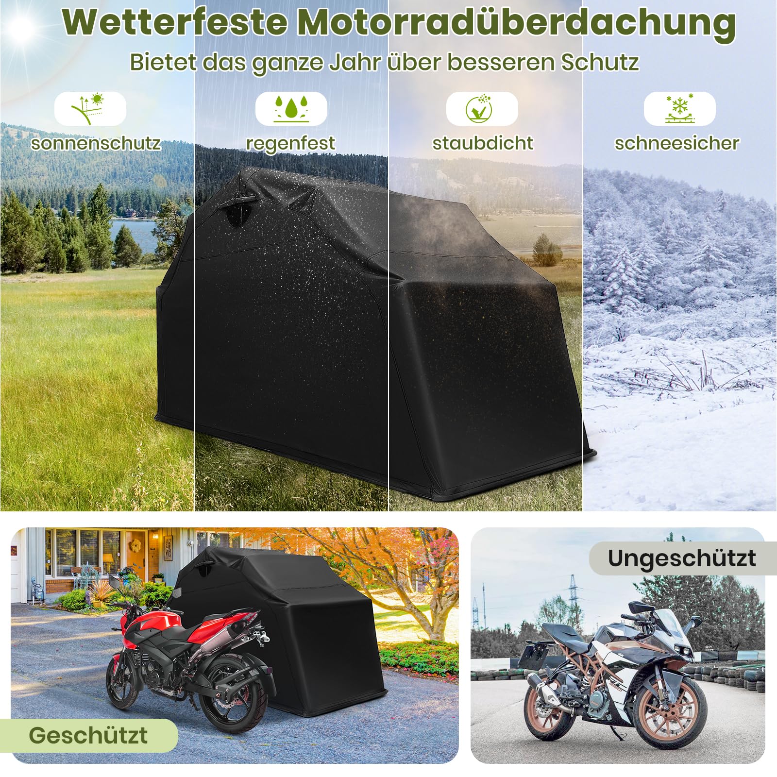 GYAMX Motorrad Garage 345 x 137 x 190 cm, Wasserdichtes Motorrad Zeltgarage mit Erdspieße & stabilem Metallrahmen, Faltgarage, Carport, Fahradgarage Gerätezelt für Motorräder & Brennholz