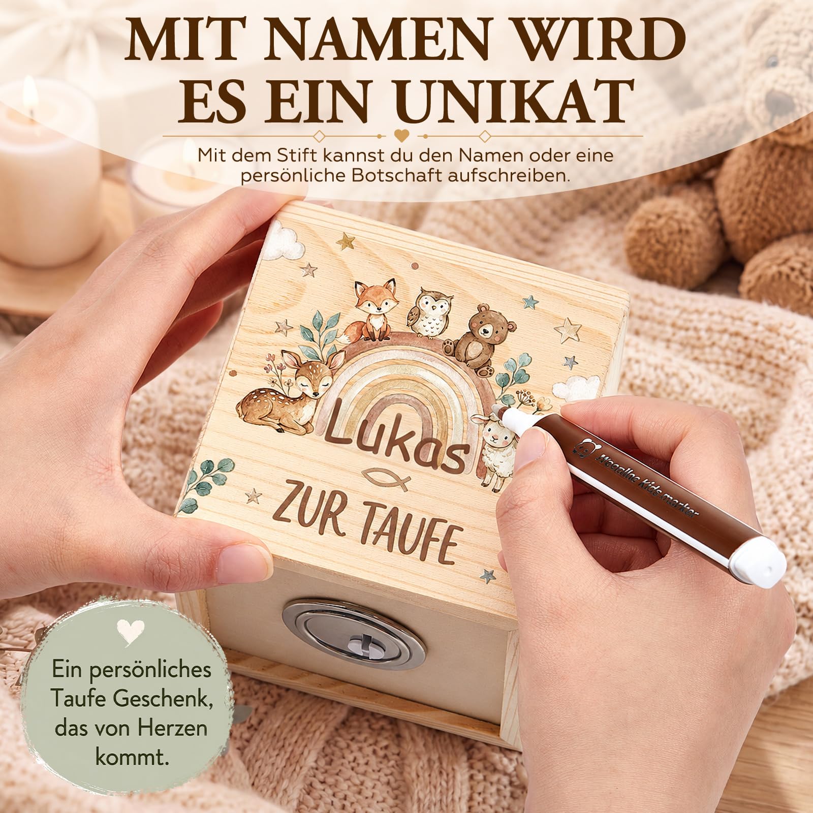 Jadive Spardose Holz mit Schlüssel und Marker 10 x 10 cm Holzspardose Personalisiert Taufgeschenk für Mädchen/Jungen Taufspardose zur Geburt Einschulung
