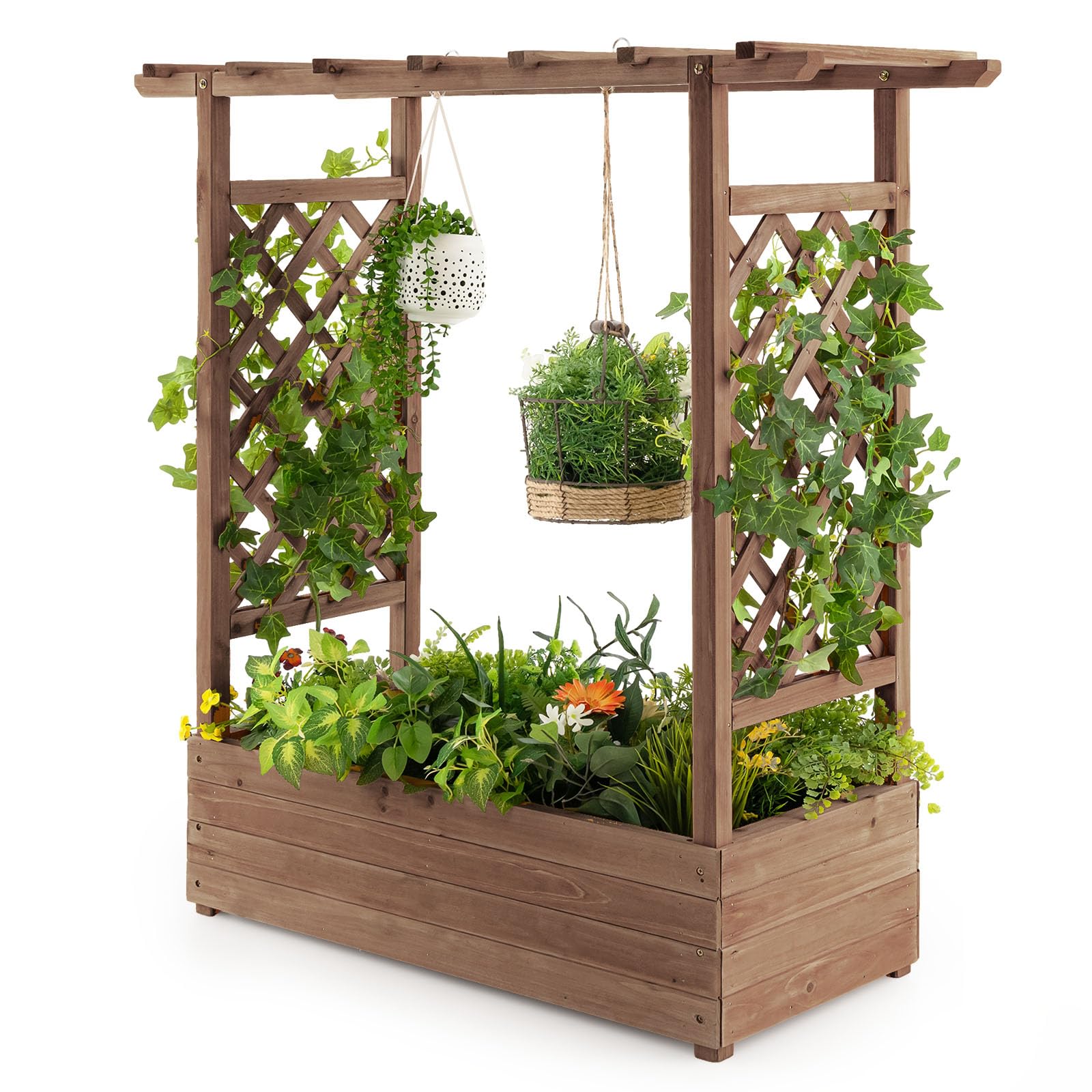HOMASIS Fioriera da Esterno con 2 Grigliati e Tettuccio, Fioriera con Spalliera in Legno, Vasi per Piante da Esterno per Piante Rampicanti da Balcone (Marrone, 100 x 44 x 113,5 cm)