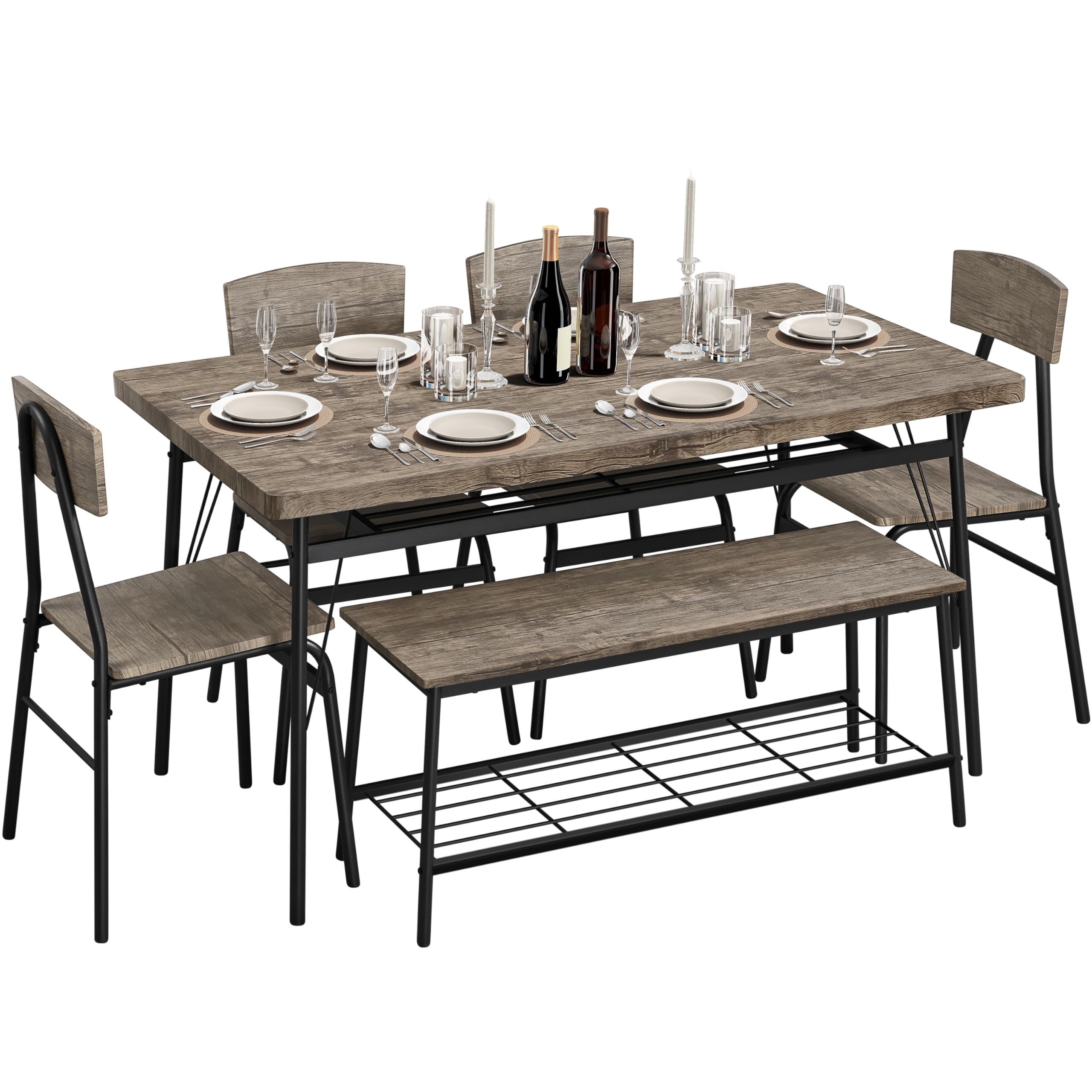 Yaheetech Dining Table Set for 6 Kitchen Table Set with Chairs and Bench 6 Piece Dining Set with 2 Storage Racks, Protective Foot Pads for Dining Room, Kitchen and Apartment, Drift Brown