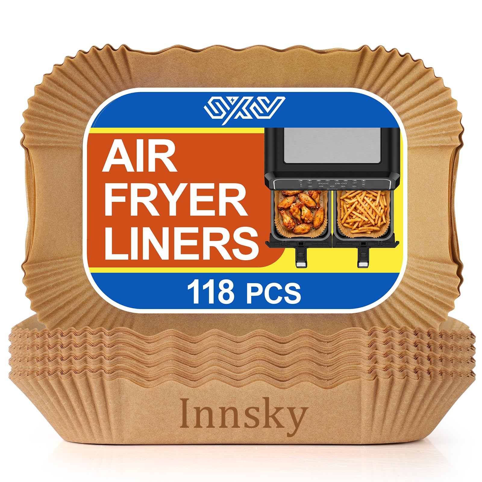 Innsky Air Fryer Liners Disposable - 118Pcs Square Baking Parchment Paper Liners for Ninja Dual Air Fryer, Non-Stick Air Fryer Accessories Compatible with Tefal, Russell, Hobbs & More