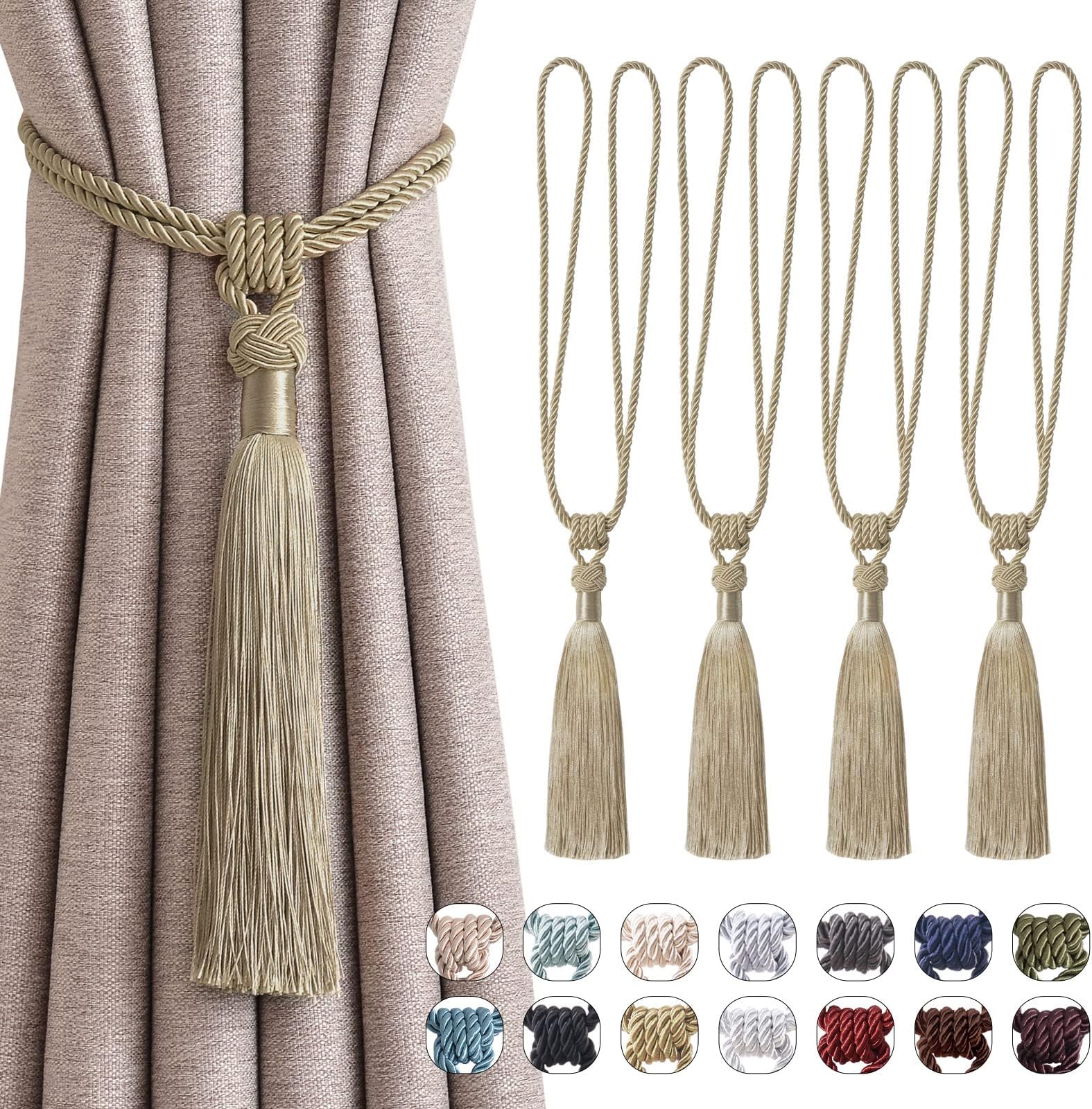 Pretty Jolly 4 Pack Long Tassel Curtain Tiebacks Handmade Braided Rope Knot Drape Tie Backs European Style Decorative Curtain Holdbacks for Home & Office Window Drapery (Khaki)