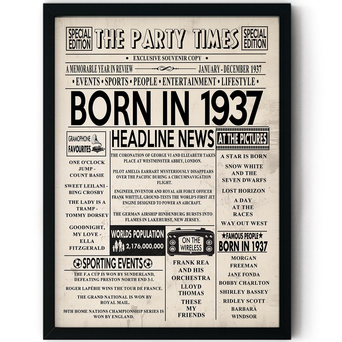Stuff4 Men's 1937 89Th Birthday Poster Framed - Born In Newspaper - Happy 89Th Birthday Gifts For Wo Vintage Retro Back In 8X10 Inch Bday Party Decor Decoration