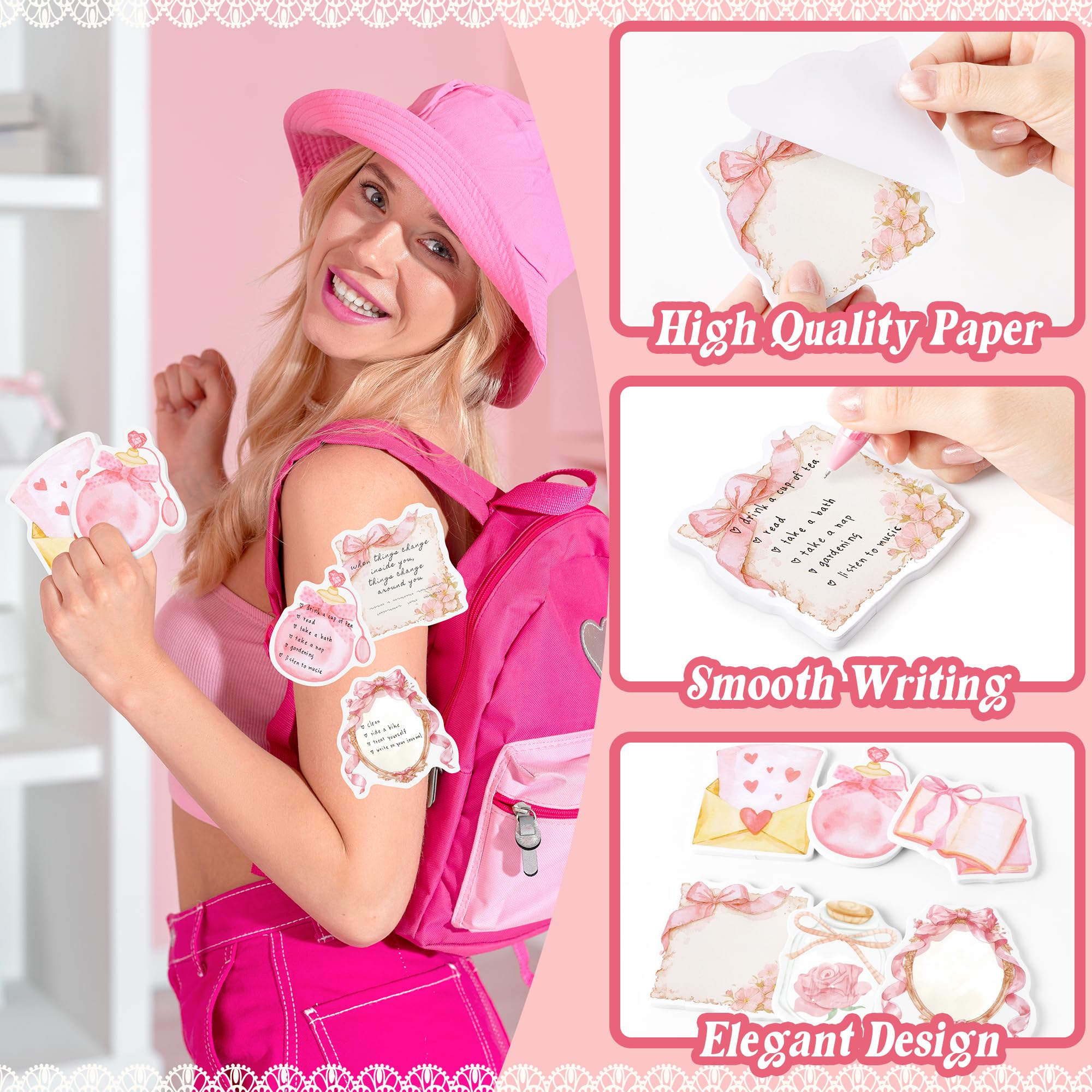 12 Stück Kokette Haftnotizen, niedlich, mädchenhaft, Notizblöcke, ästhetisch, rosa Schleife, Band, Schulanfang, Bürobedarf, Vintage, romantisch, Scrapbooking, dekoratives Geschenk für Mädchen und
