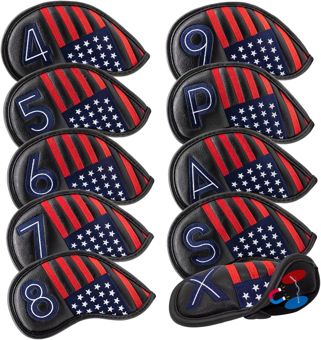 Magnetic Golf Iron Covers Premium Leather Iron and Wedge Golf Club Head Covers - Set of 10 Fits Most Clubs USA American Flag Head Cover Set Headcovers for Irons