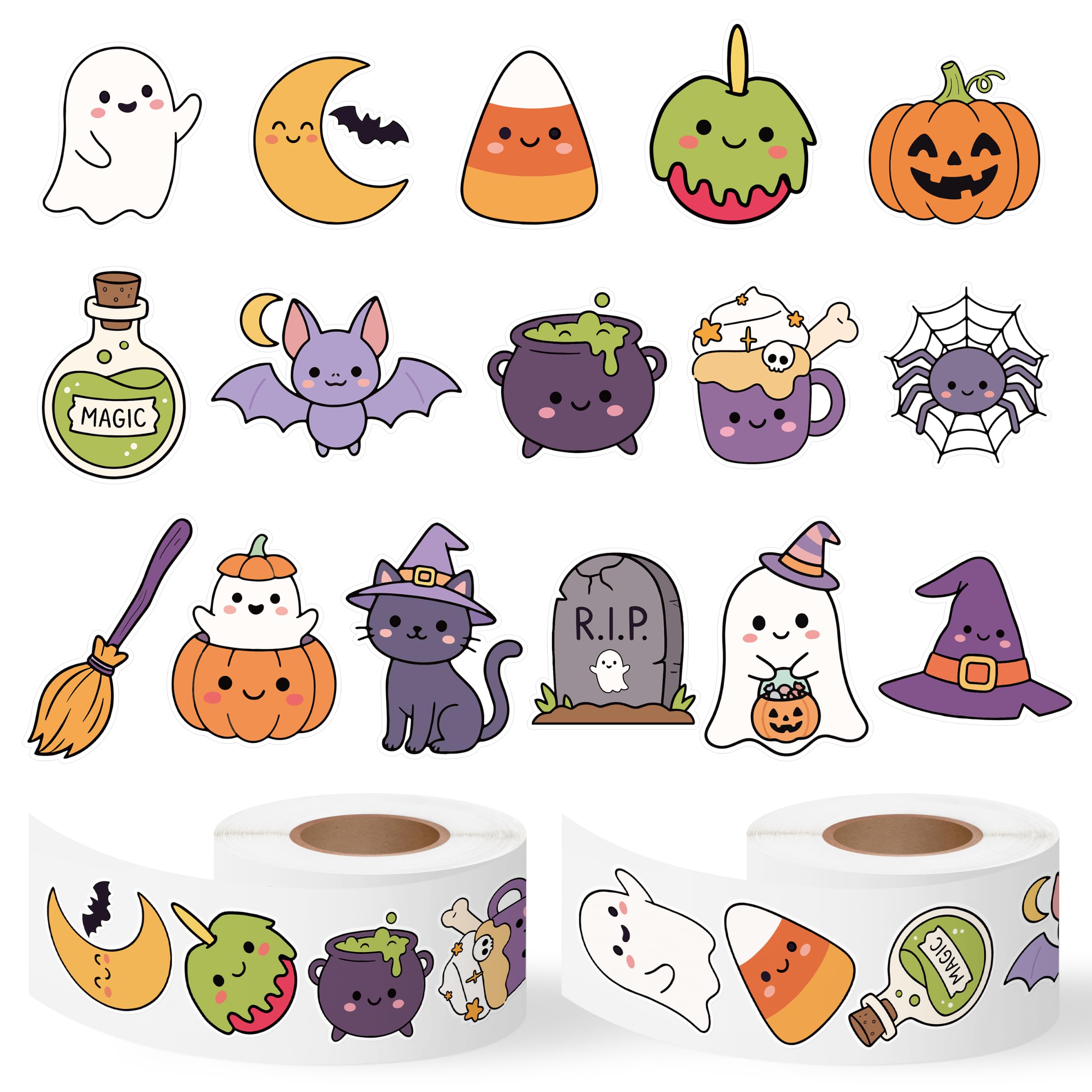 Halloween Cute Sticker Rolls, 1000Pcs Pumpkin Cat Ghost Bat 2 Roll