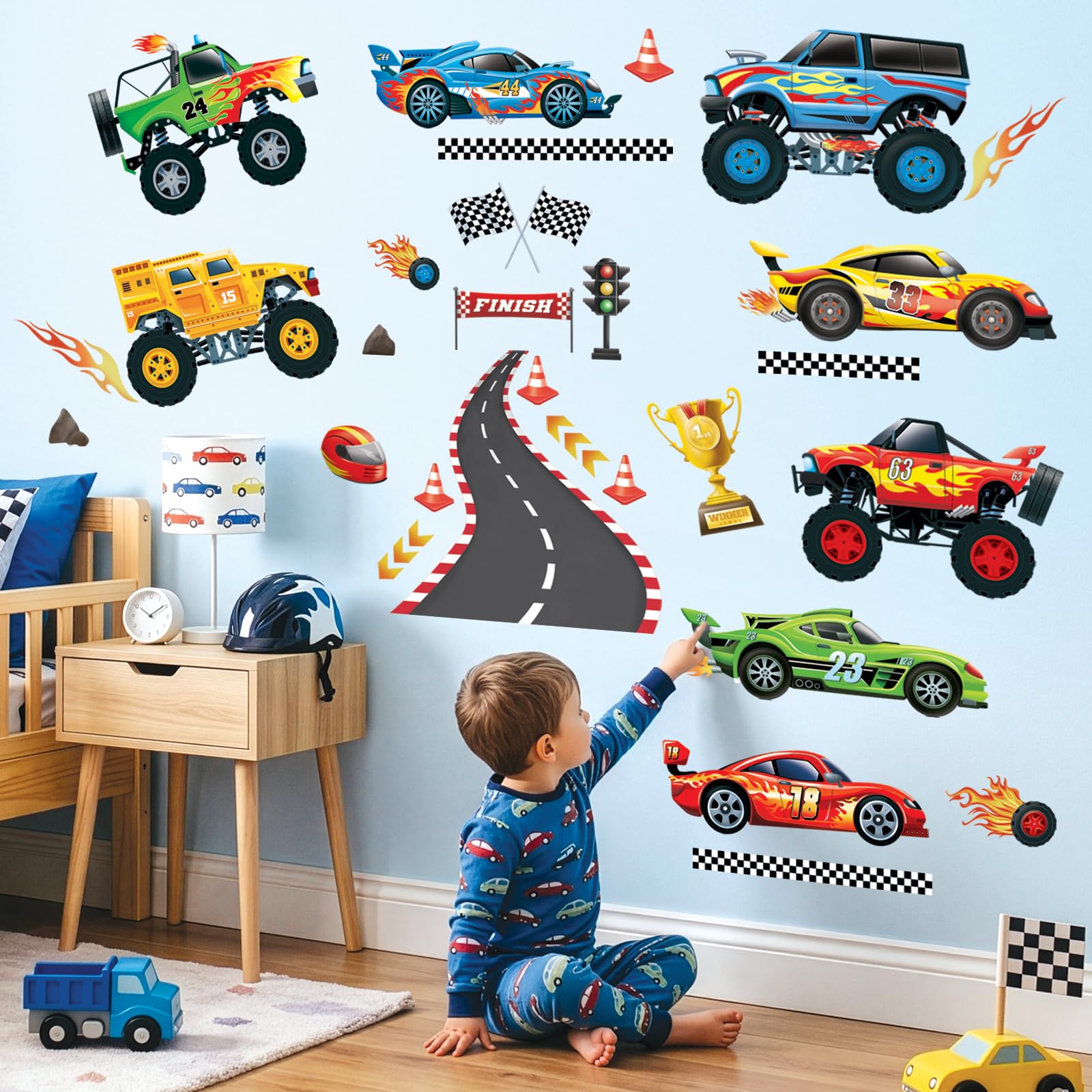 Decowall Boys Racing Cars Ds9-8083 Racing Car Wall Decals Room Cars Vehicles Wall Stickers Baby Nursery Kids Bedroom Playroom Wall Décor