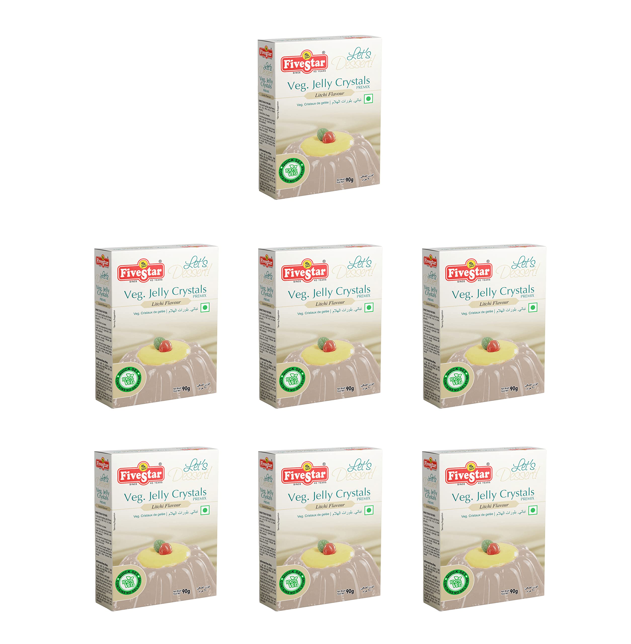 Five Star Veg Jelly Crystals Litchi 90g Box for Children and Adults | Pure and Natural | Easy to Make | Ready to Eat - Pack of 7