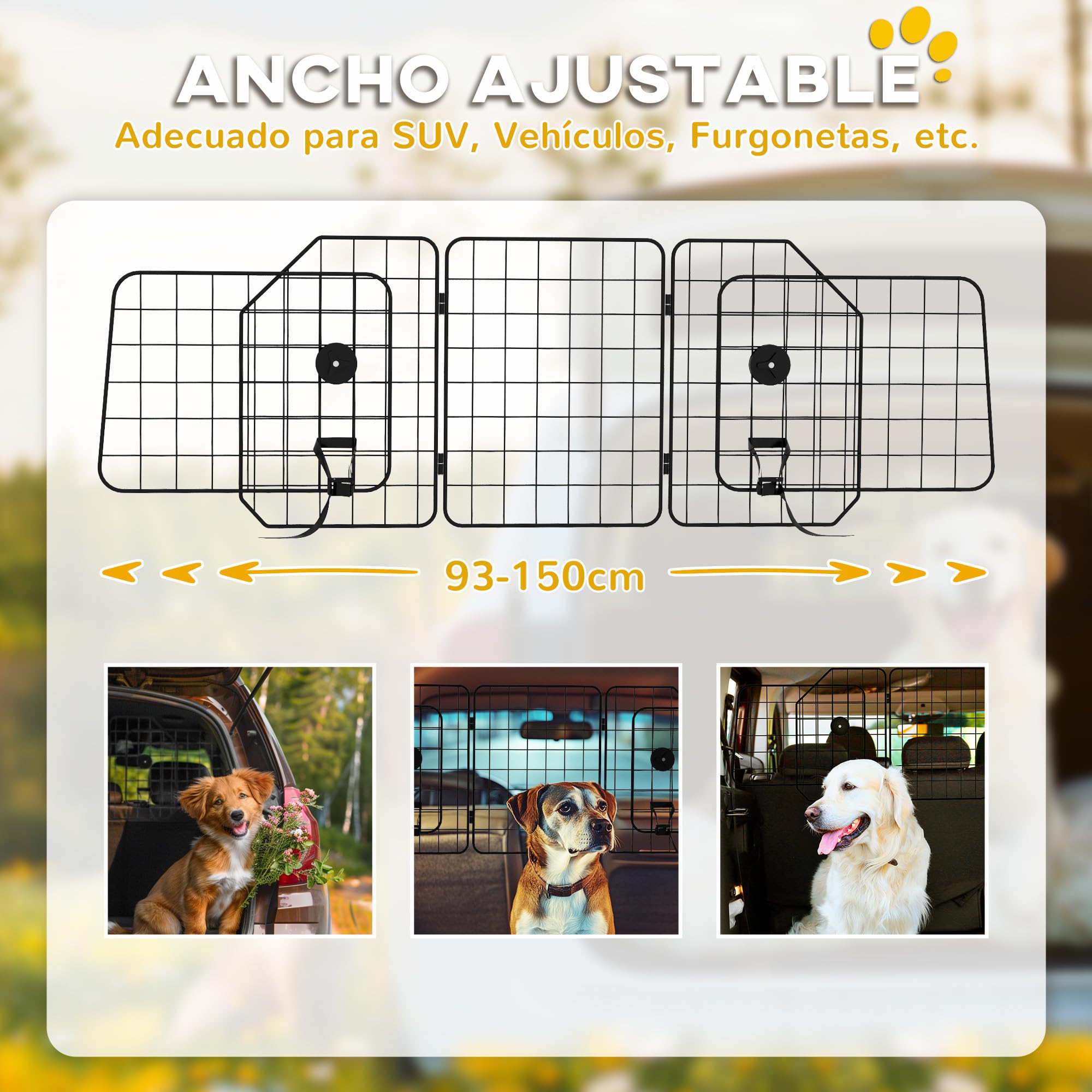 PawHut Barrera Protectora de Coche para Perros Reja 93-150x42 cm Negro | Plegable, Rejilla para Perros de Coche, Anchura Ajustable, Acero