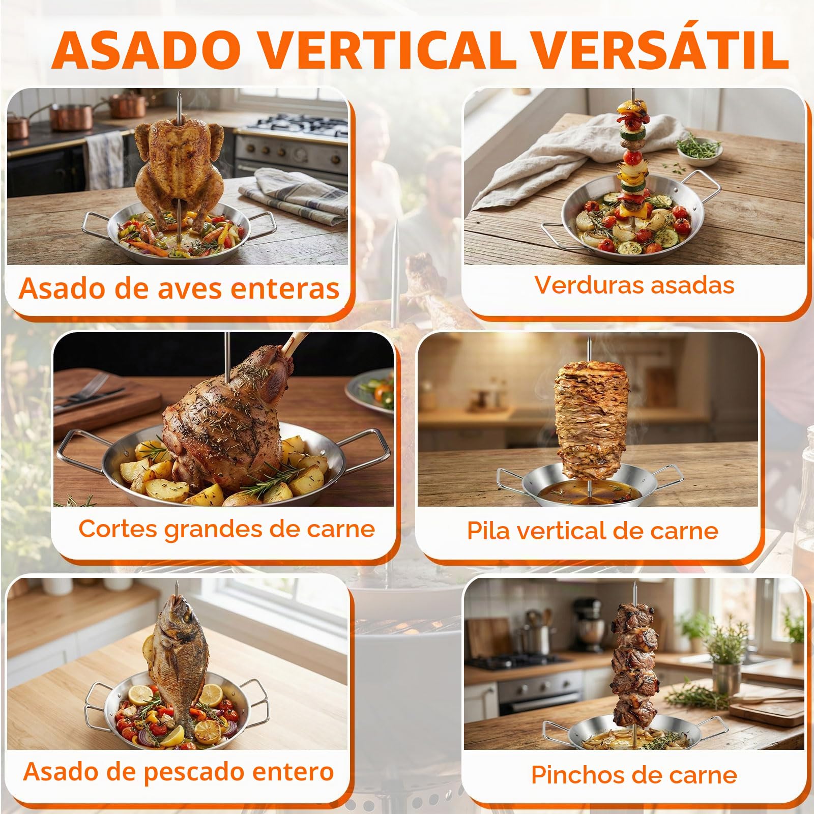 Soporte Vertical para Kebab con Bandeja de Acero Inoxidable de 25 cm, Asador para Pollo con 5 Pinchos Extraíbles y 2 Brochas de Silicona, para Shawarma, Gyros, Carne, Pollo, BBQ y Horno