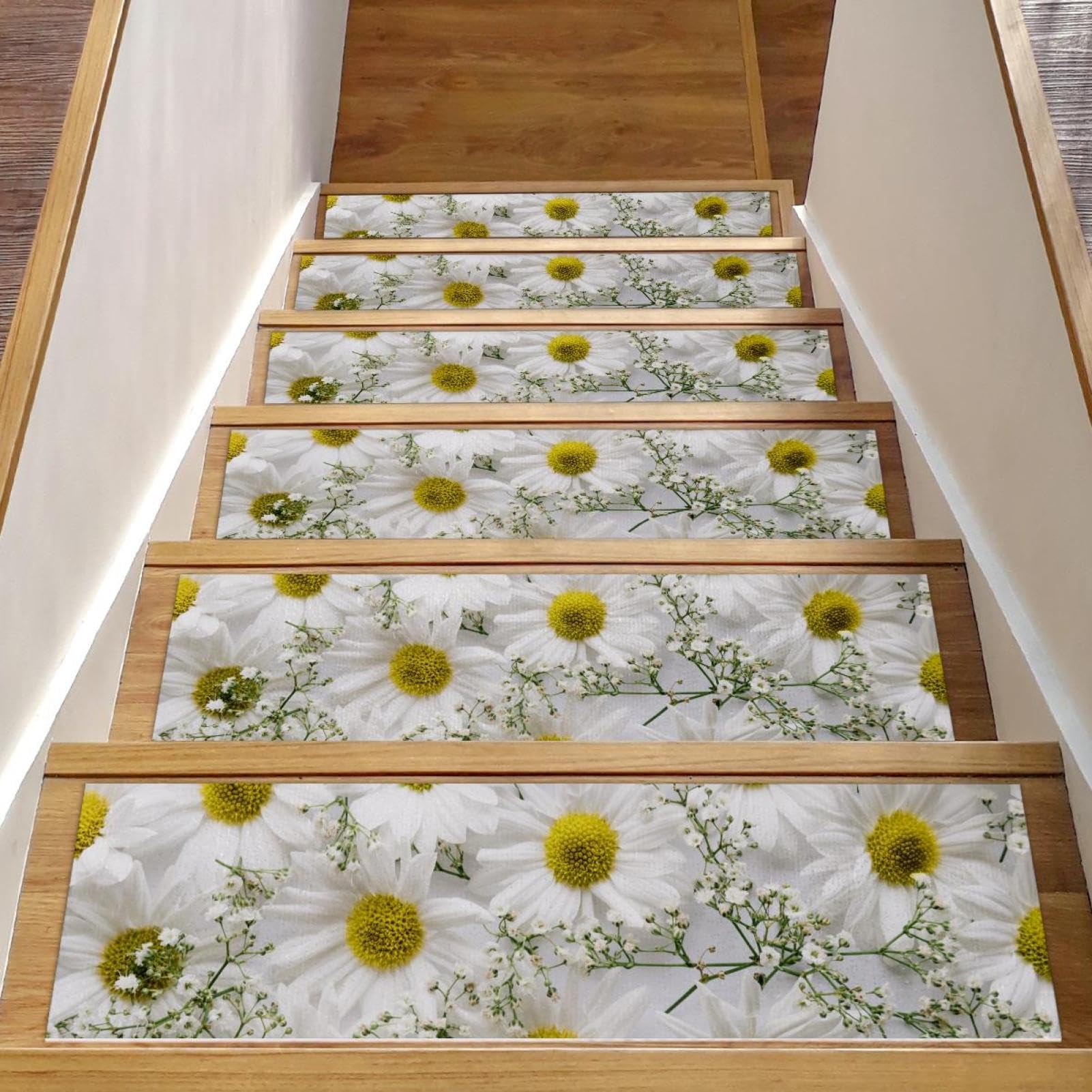 Tapis d'escalier antidérapants lot de 15 marches bois motif marguerite 20x76 cm