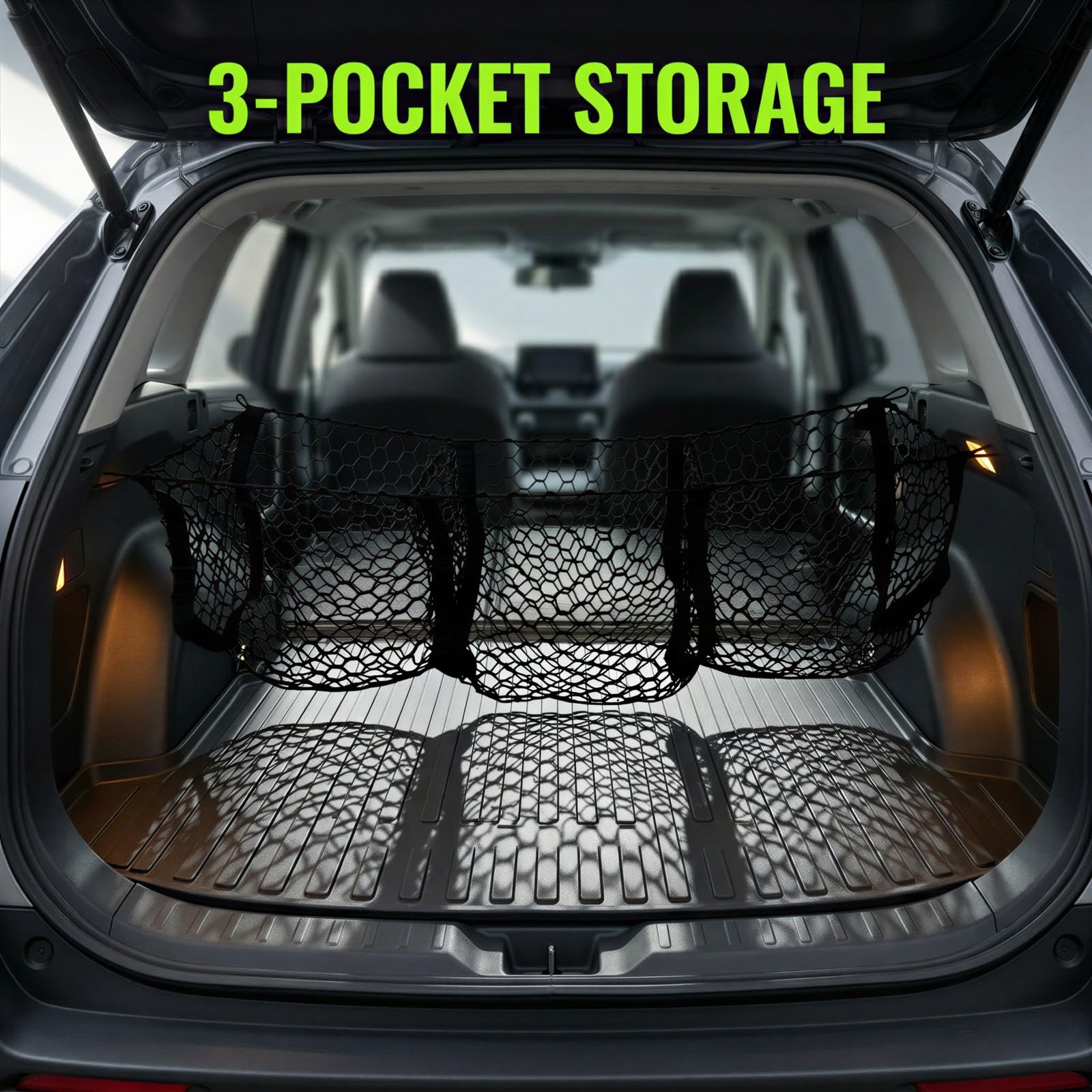 Auto Gepäcknetz, 43 x 12 Zoll erweiterbares Cargo Net mit 3 Fächern, schwarzes Netzfach mit Montageset für Pickup, Truck Ladefläche und Kofferraum, Ordnung für Einkäufe und Gepäck