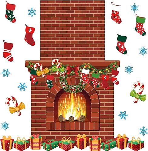 Tatuo 71 tablones de anuncios para chimenea de Navidad, fondo de chimenea de ladrillo, árbol de Navidad, dulces, copos de nieve, recortes para aula