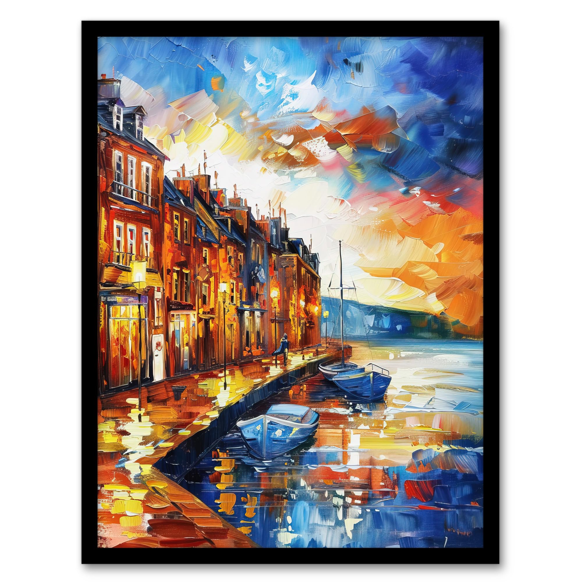 Artery8 Seaside Town Harbor Sunset Oil Painting Living Room Artwork Framed Wall Art Print A4