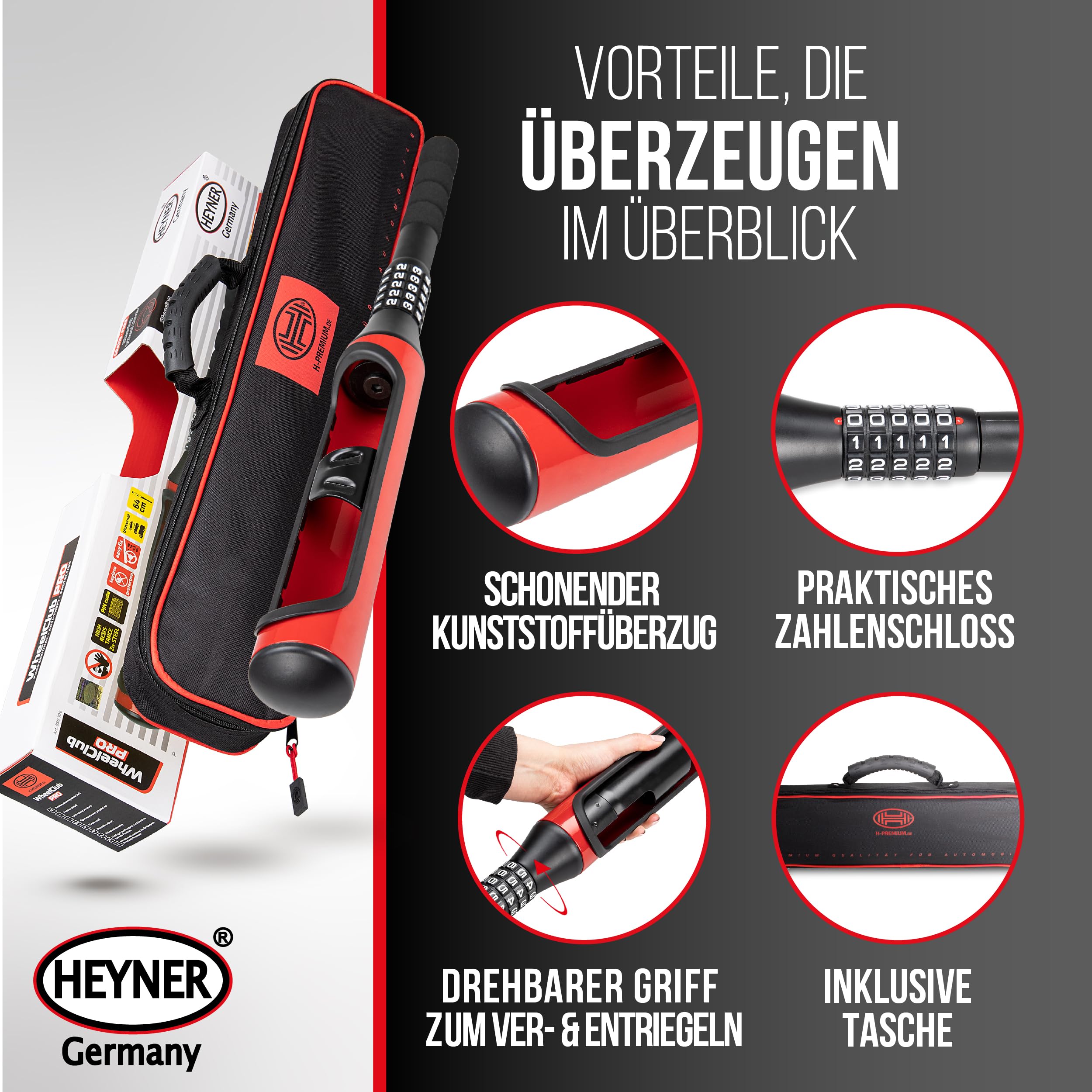 HEYNER® Lenkradsperre 640 mm – Baseball‑Design, 5‑stelliges Zahlenschloss, schwerer Diebstahlschutz, rot‑schwarz