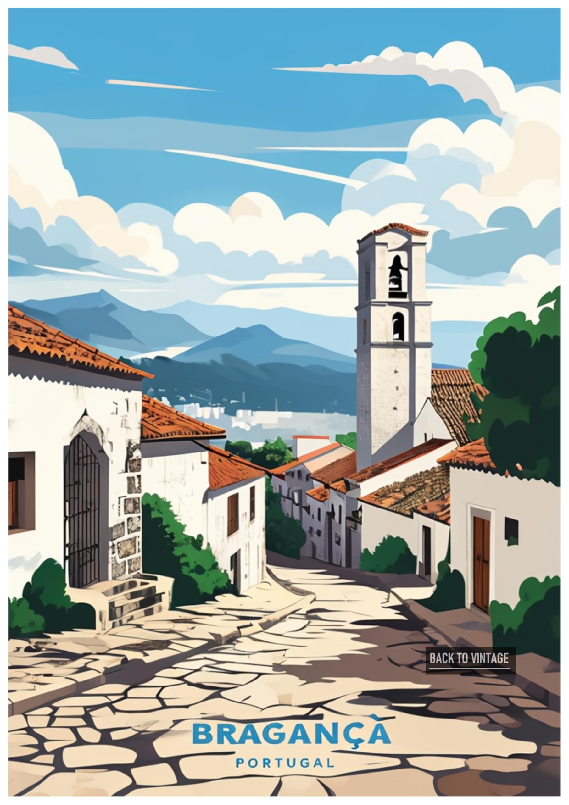 Back To Vintage Multicoloured Digital Illustration Of Bragança City Portugal In Vibrant Poster Style - Retro Europe Travel Poster A4 Size Vintage Wall Art Print Of Famous European Destinations Ideal For Home Or Office Decor