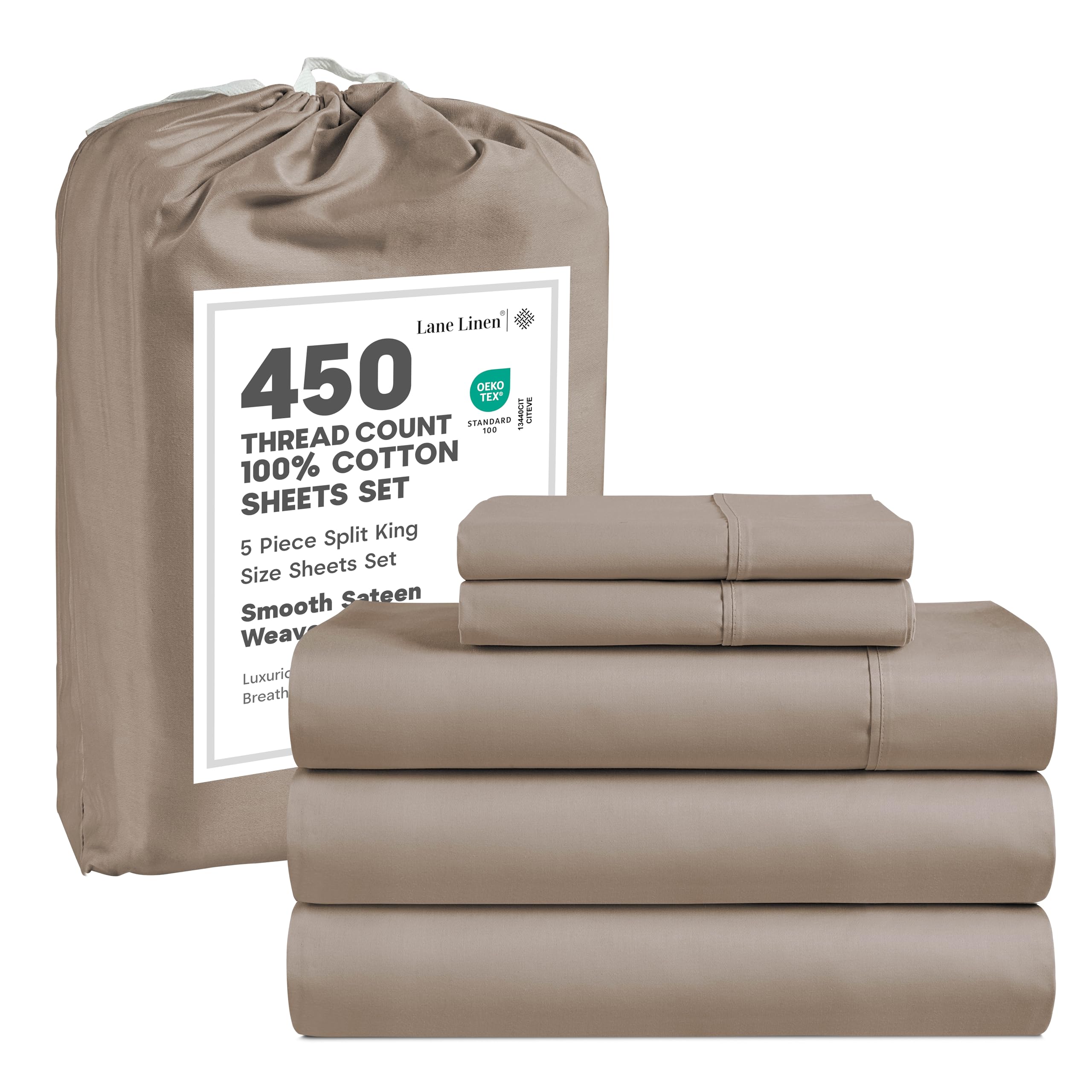 Lane Linen 100% Cotton Bed Sheets – 450 Thread Count Cooling Sheets Queen, Durable Daily Use Bedding, Value Comfort for Nightly Rest, Hotel Sateen Finish, Snug Fit 15" Deep Pocket Fitted Sheet – Taupe — view 65
