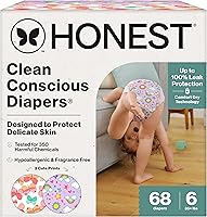 Vista 45 de The Honest Company Clean Conscious - Pañales para pieles sensibles, hasta un 100% a prueba de fugas, hipoalergénicos, estampados neutros, caja Super