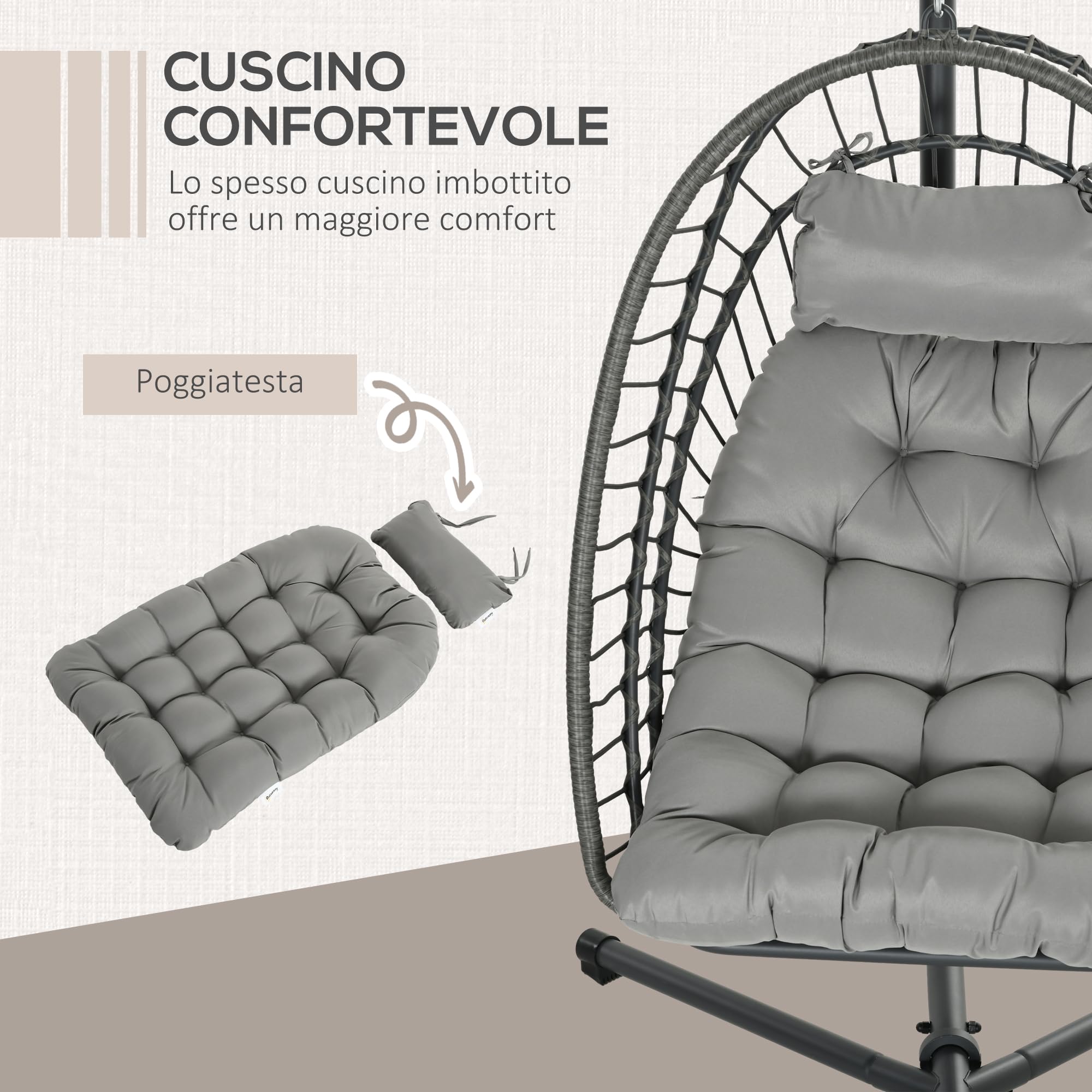 Outsunny Poltrona Sospesa in Rattan PE con Cuscino Imbottito, Sedia Sospesa a Dondolo con Seduta Pieghevole e Struttura in Acciaio, Grigio
