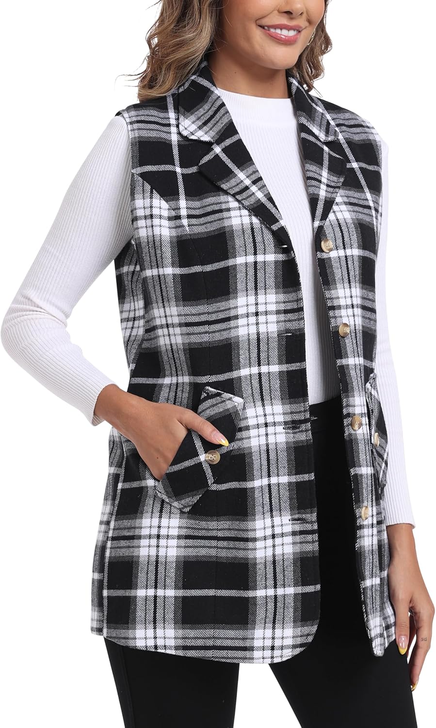 MoFiz Womens Long Flannel Plaid Vest Fall Winter Button Down Sleeveless Blazer Jackets Cardigan Coat Outerwear With Pockets - Image 3