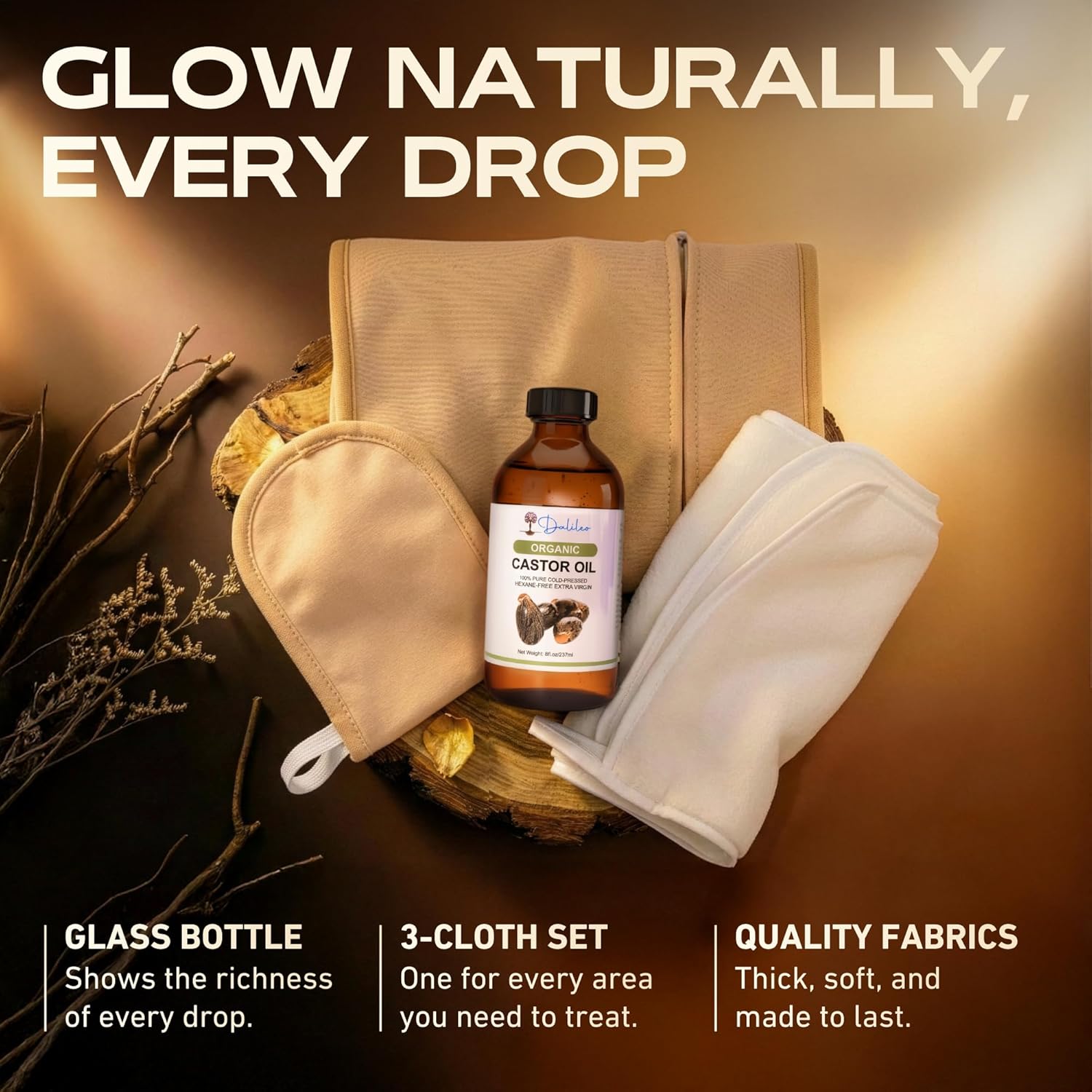 Dalileo Organic Castor Oil Pack Wrap Kit – 8oz Cold Pressed Oil with Abdominal & Neck Wraps + Flannel – Supports Relaxation, Comfort, Better Sleep & Everyday Self-Care – Reusable Organic Cotton Design