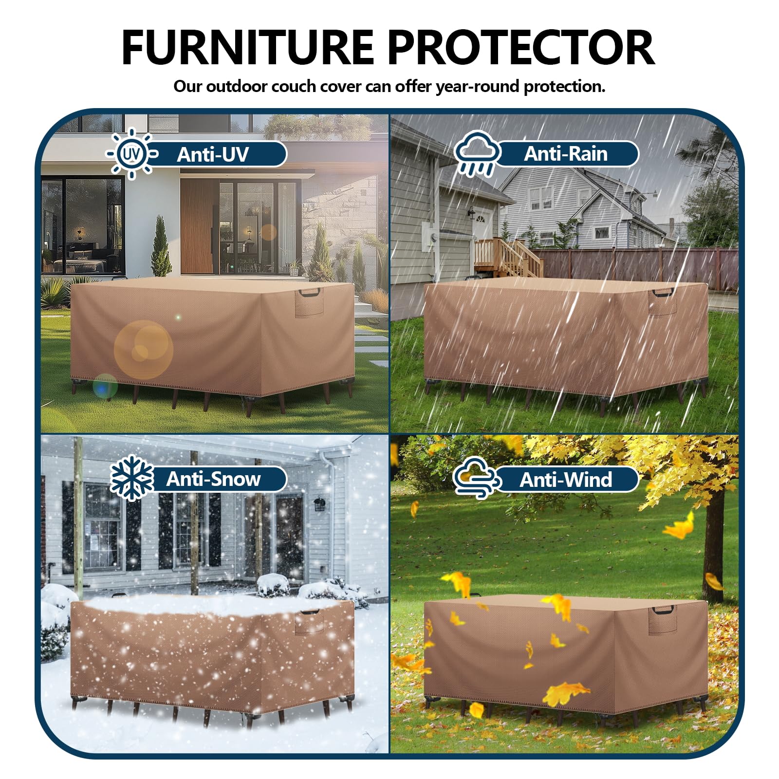 Abdeckung Gartenmöbel Winterfest, Wasserdichte Schutzhülle Gartenmöbel 420D Oxford Anti-UV Abdeckplane für Gartentische Terrassenmöbel Regenschutz und Staubfest Abdeckhaube Khaki 242x162x100cm