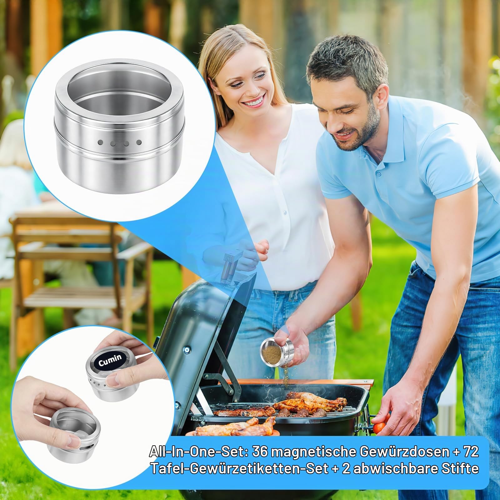 40 Stück Gewürzdosen Magnetisch aus Edelstahl, 89ml / 3oz Magnetische Gewürzbehälter mit Sichtfenster, 10 Blatt Etiketten, 4 Stifte & 5 Messlöffel, Gewürz Organizer für Küche, Kühlschrank & Grill