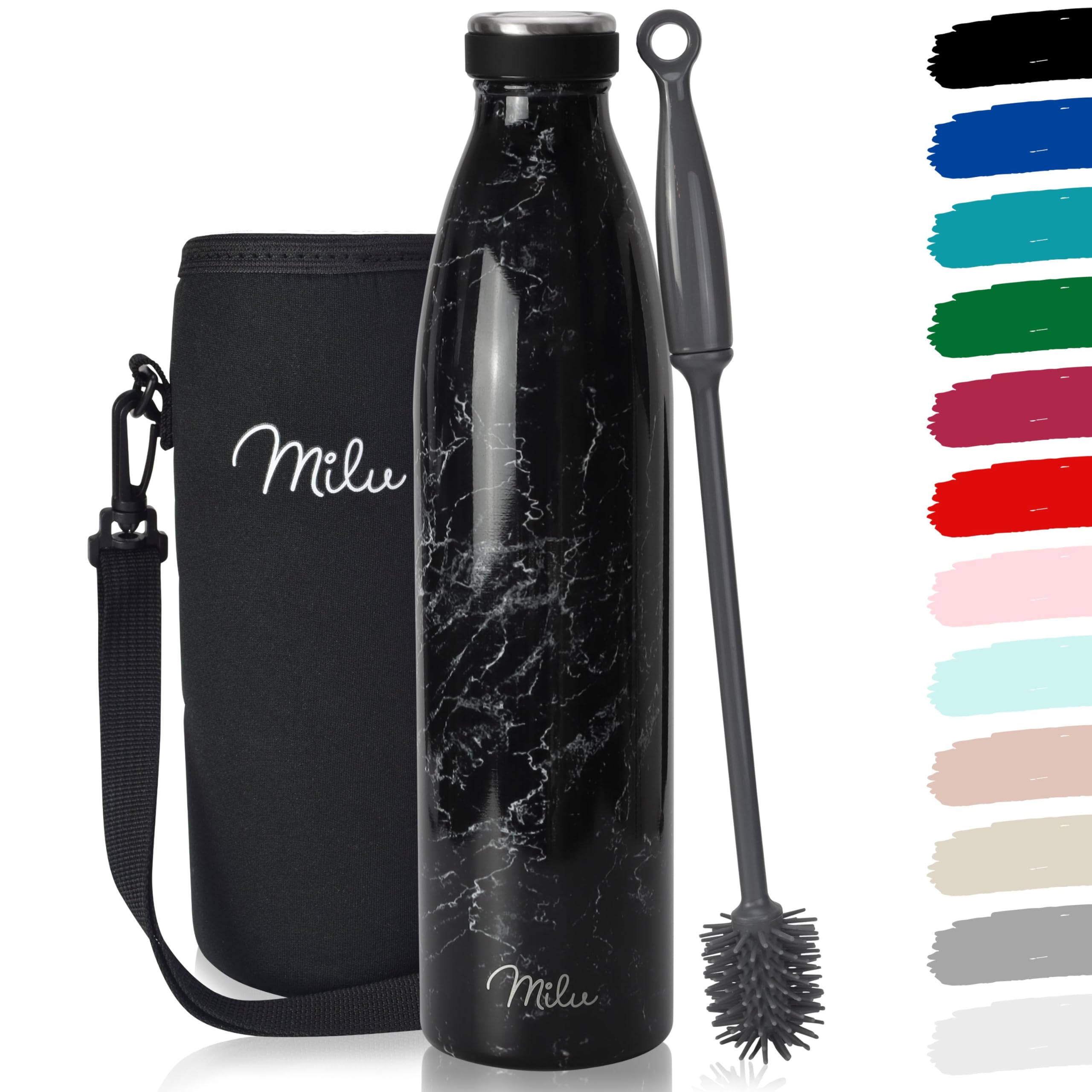 Milu Granite Black Stainless Steel Drinking Bottle 1000 Ml - Insulated Thermo Flask For Water - Leak Proof, Insulated And Double Walled, Carbonated (, 1L)