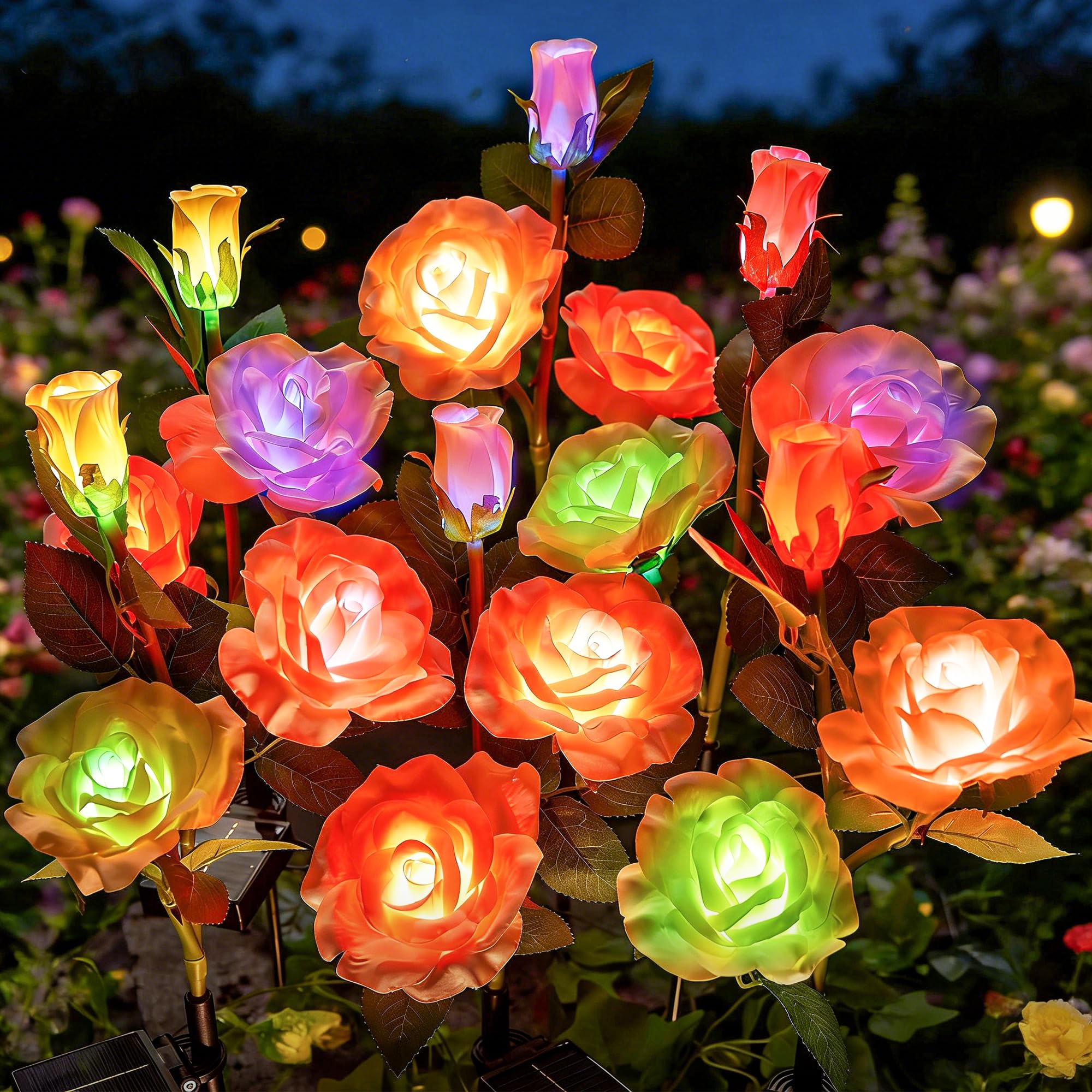 Brightown Outdoor Solar Flower Lights, 4 Pack 7-Color Changing Solar Garden Lights with Larger & More Realistic Rose, Bigger Solar Panel, Waterproof Solar Lights for Yard Garden Lawn Pathway Decor